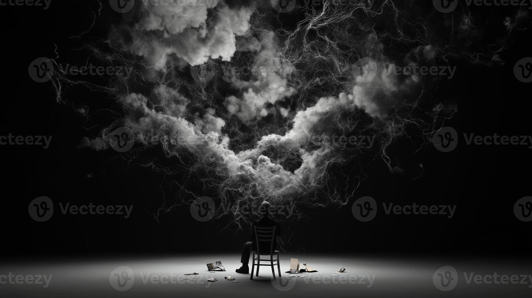A solitary figure sits in darkness, surrounded by swirling clouds and electric currents in a captivating display of surreal art photo