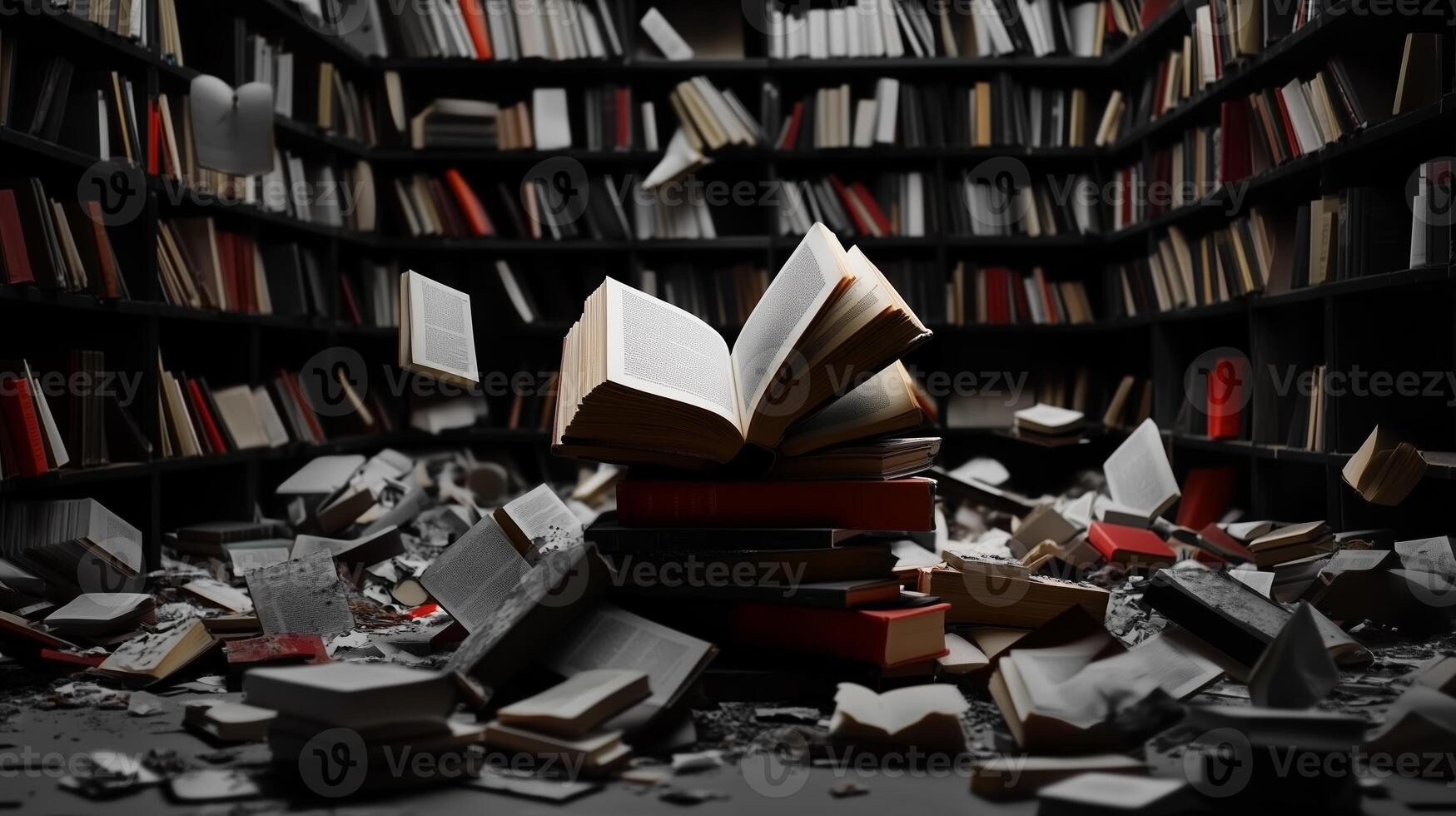 A chaotic library with books flying in all directions, amidst scattered pages and a darkened room photo