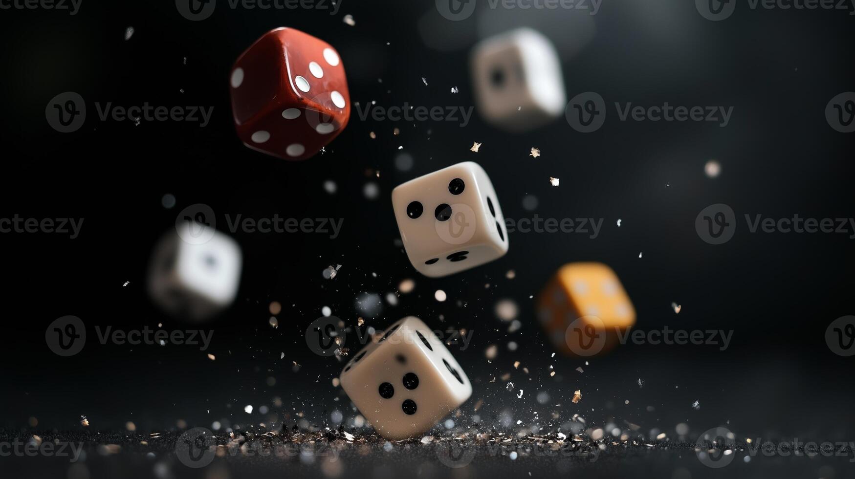 Colorful dice are thrown into the air, creating a sense of motion and excitement in a game night setting photo