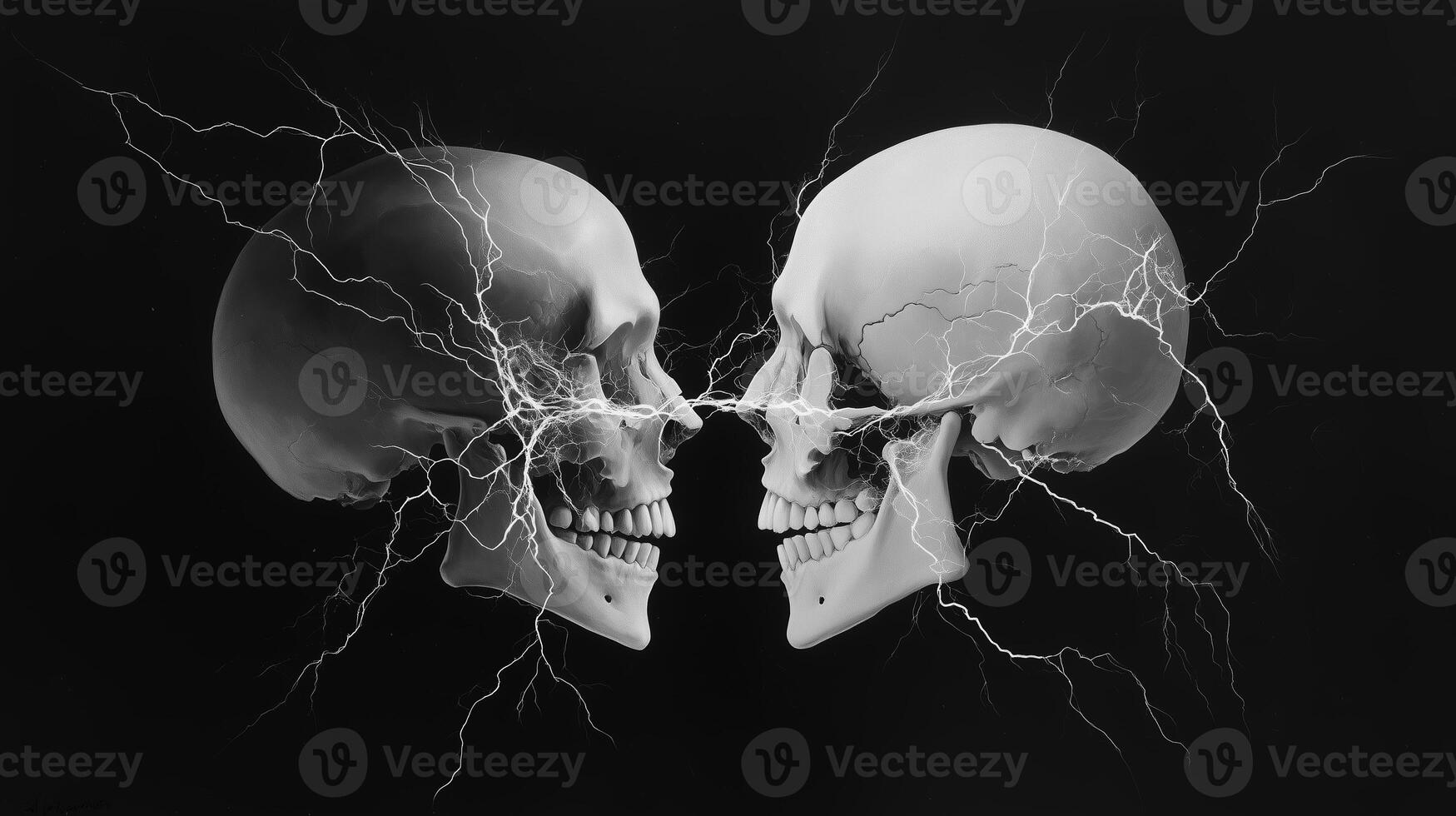 Two human skulls facing each other with electric arcs connecting them against a black background in a dramatic, artistic composition photo