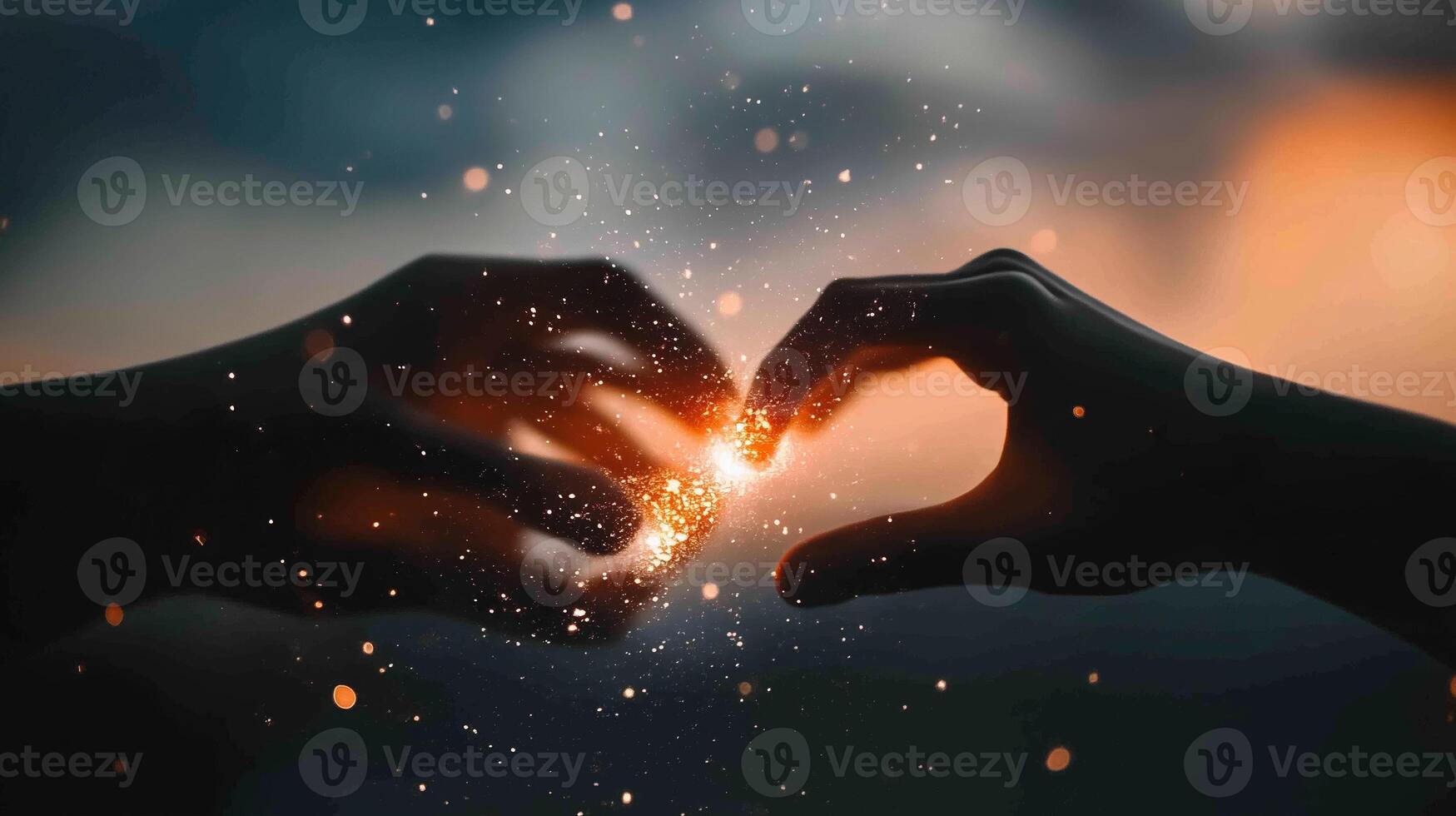 Two hands create a glowing heart shape against a serene sunset backdrop with sparkling light emanating from the center photo