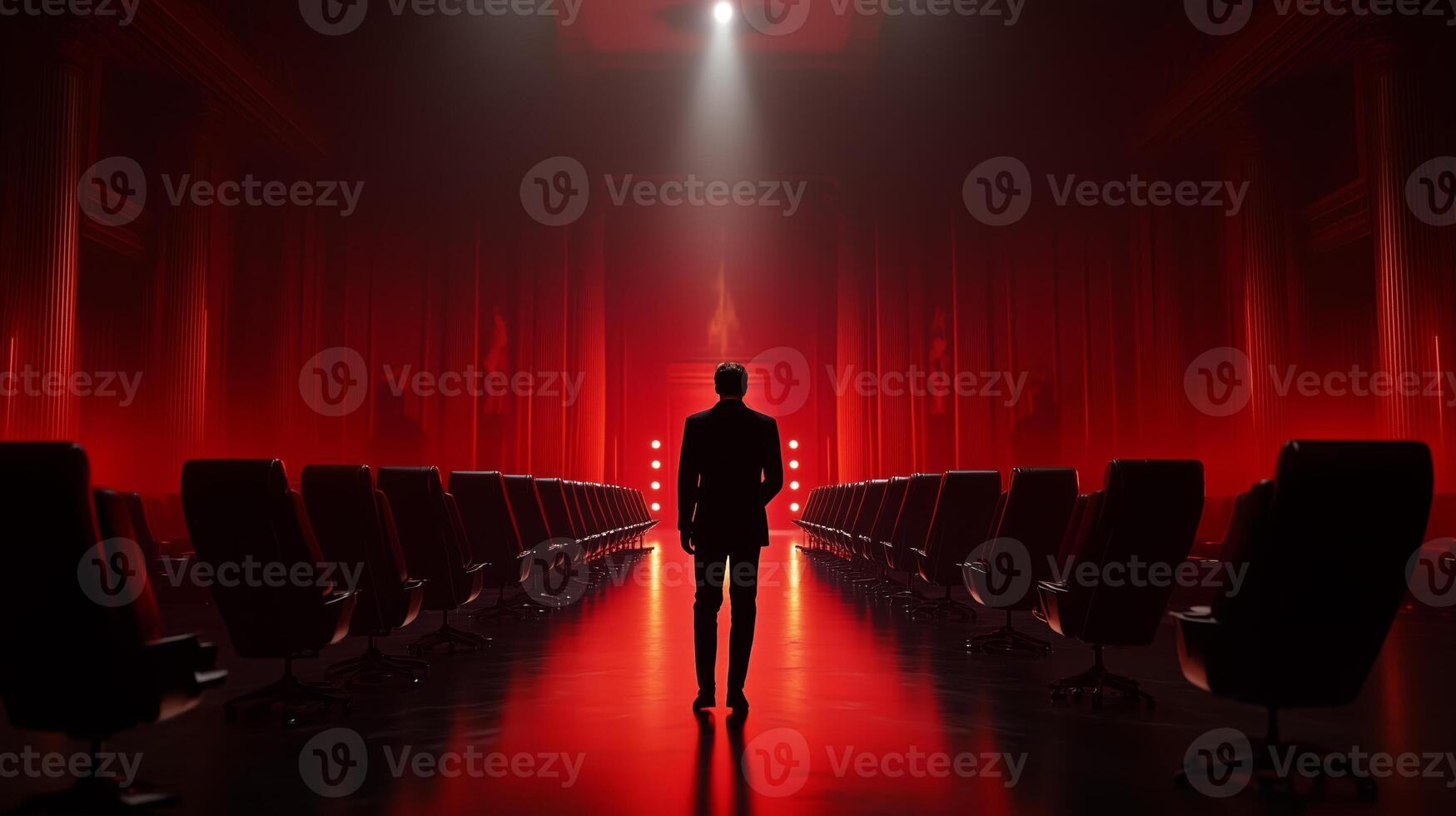 A solitary figure in a dark suit stands in a dimly lit room filled with empty chairs, addressing an unseen audience during a dramatic moment photo