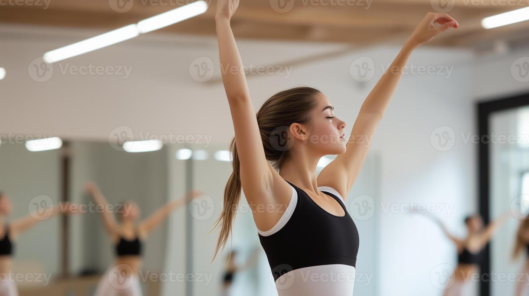 Dancer practicing graceful movements in a bright studio with mirrors and natural light during a rehearsal photo