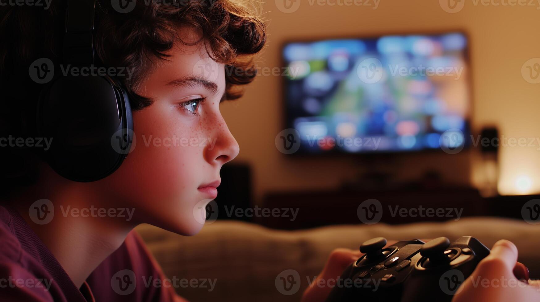 A young boy focused on gaming while seated on a couch with a game console in the evening photo