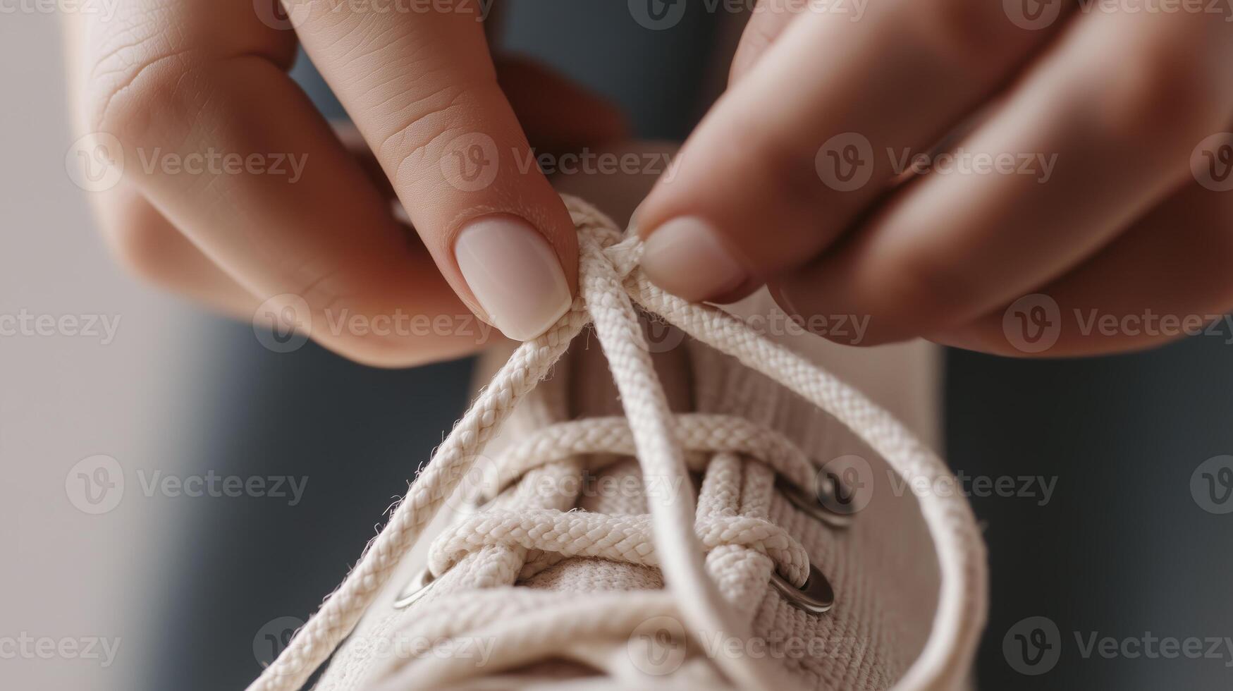 A close-up view of a person tying shoelaces on a sneaker in a cozy indoor setting during the day photo