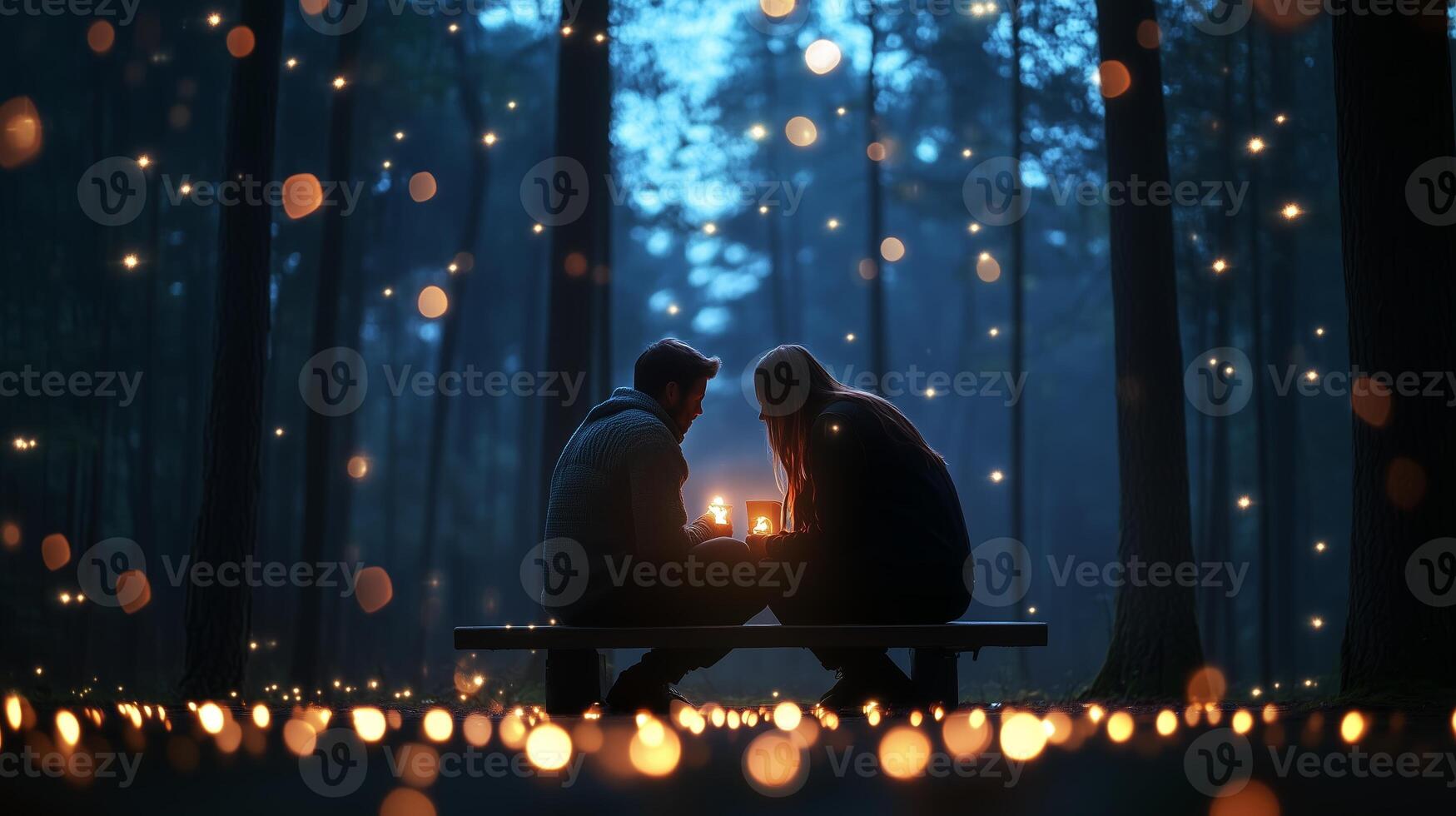 Couple sharing an intimate moment by candlelight in a tranquil forest at dusk surrounded by glowing lights photo