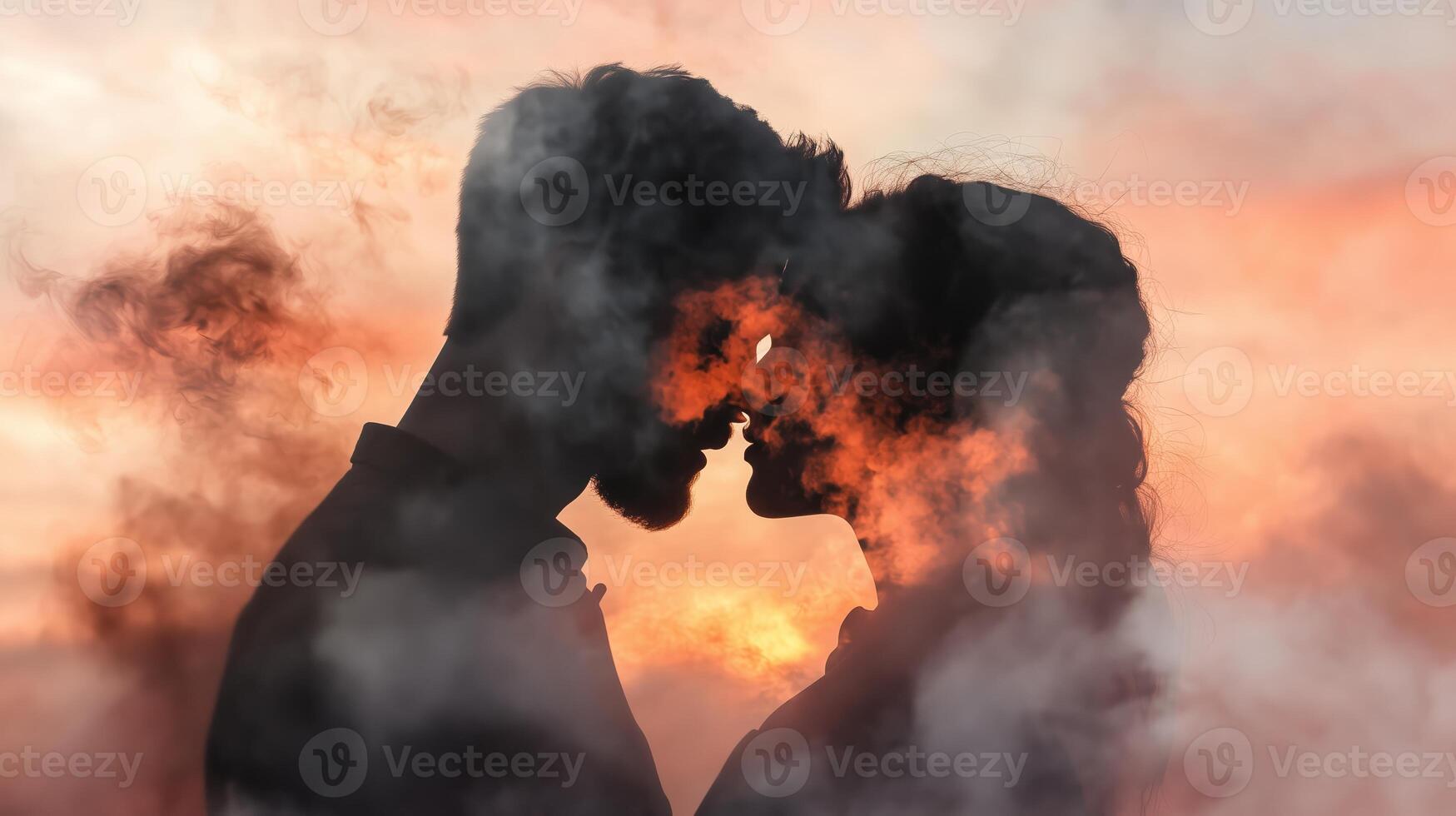 Couple sharing an intimate moment amid colorful smoke at sunset in a romantic outdoor setting photo