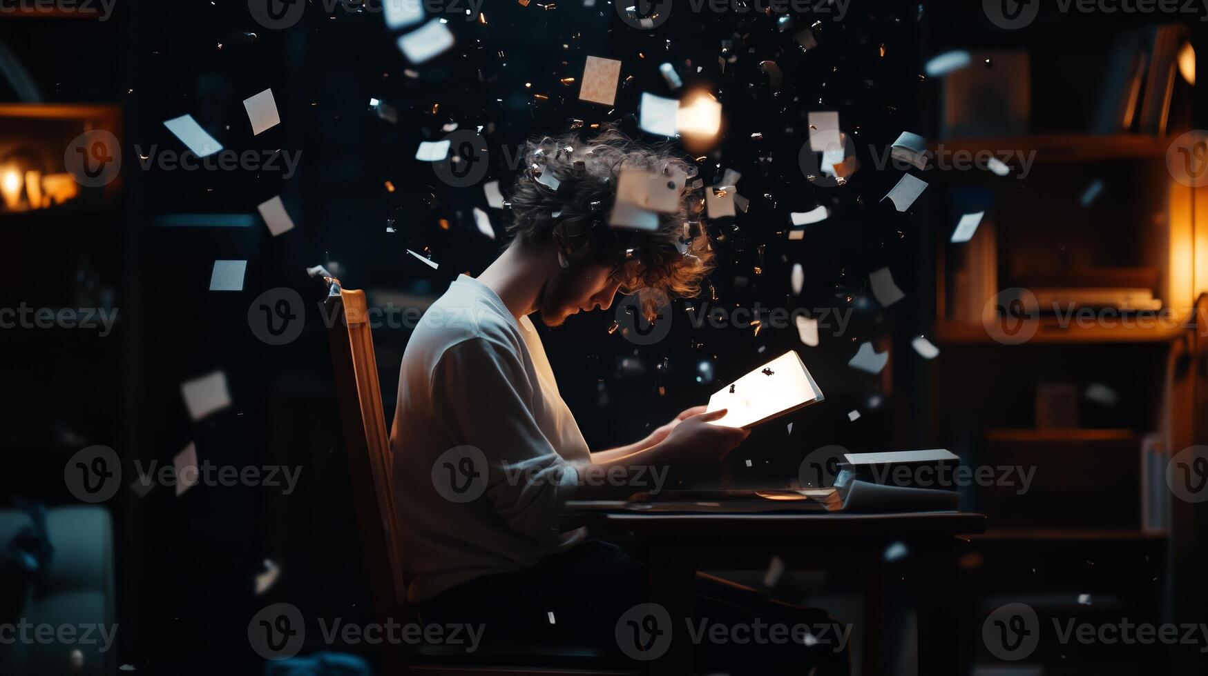 A young person deeply engaged with a tablet amidst a whirlwind of floating papers in a cozy room at night photo