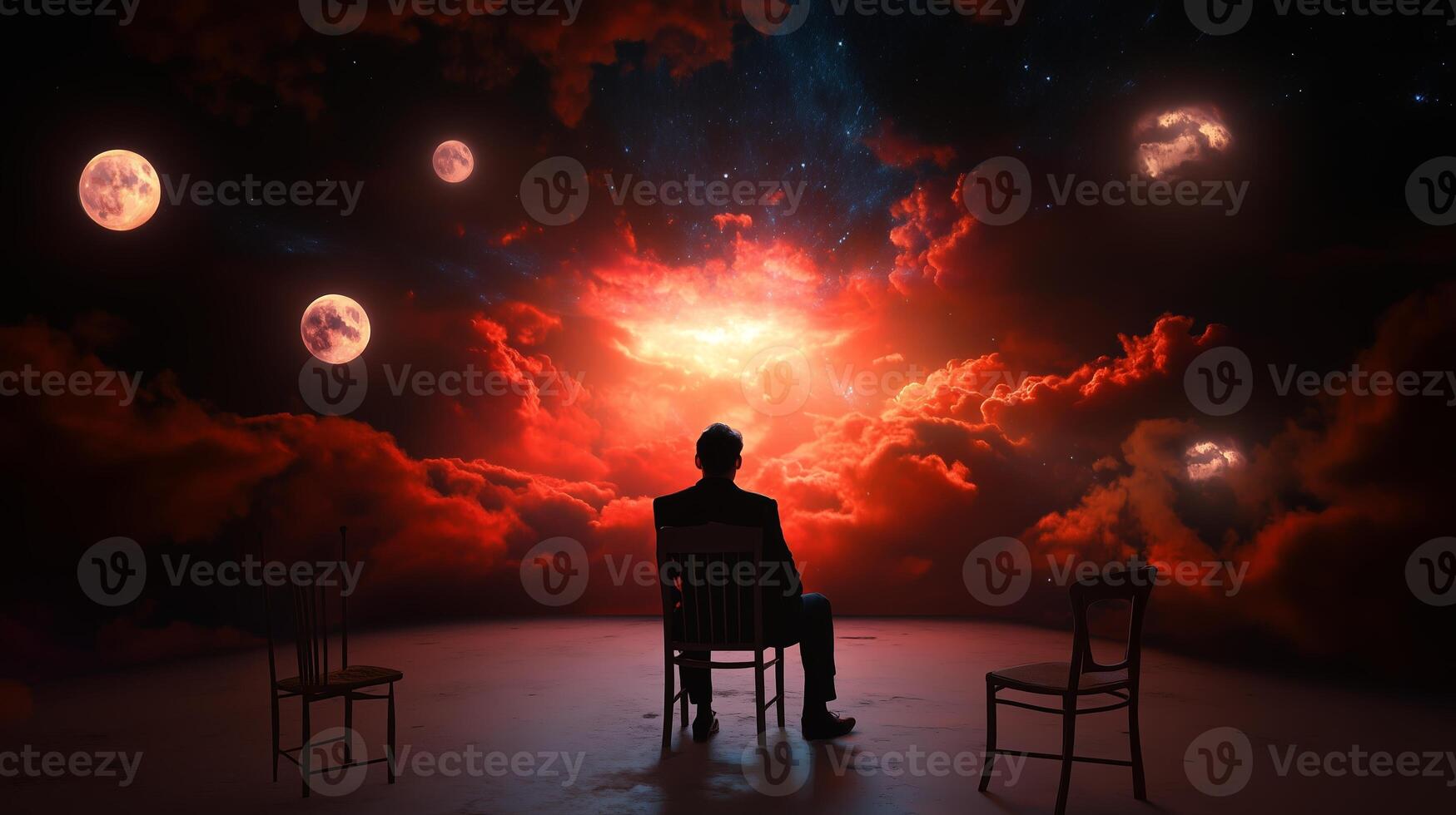 A person sitting in solitude on a chair, reflecting amidst a surreal cosmic scene with vibrant colors and multiple moons photo