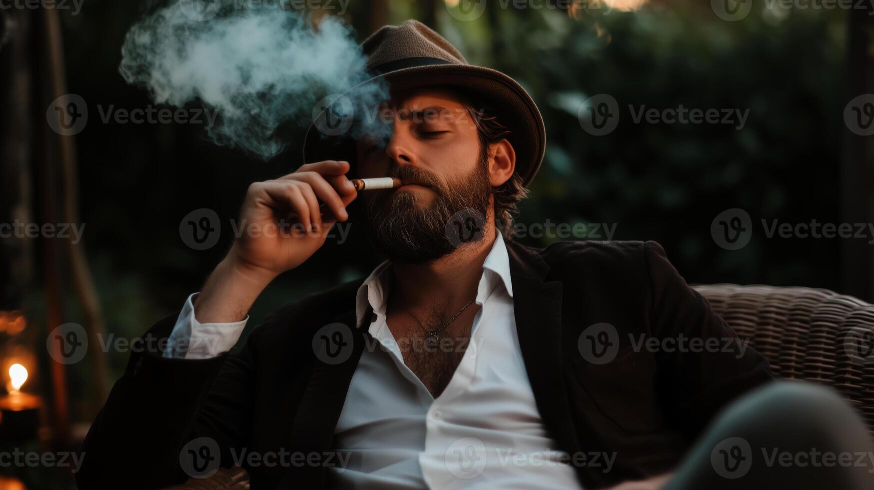 A man enjoying a cigar while sitting outdoors in a cozy, relaxed setting amid greenery during the evening photo