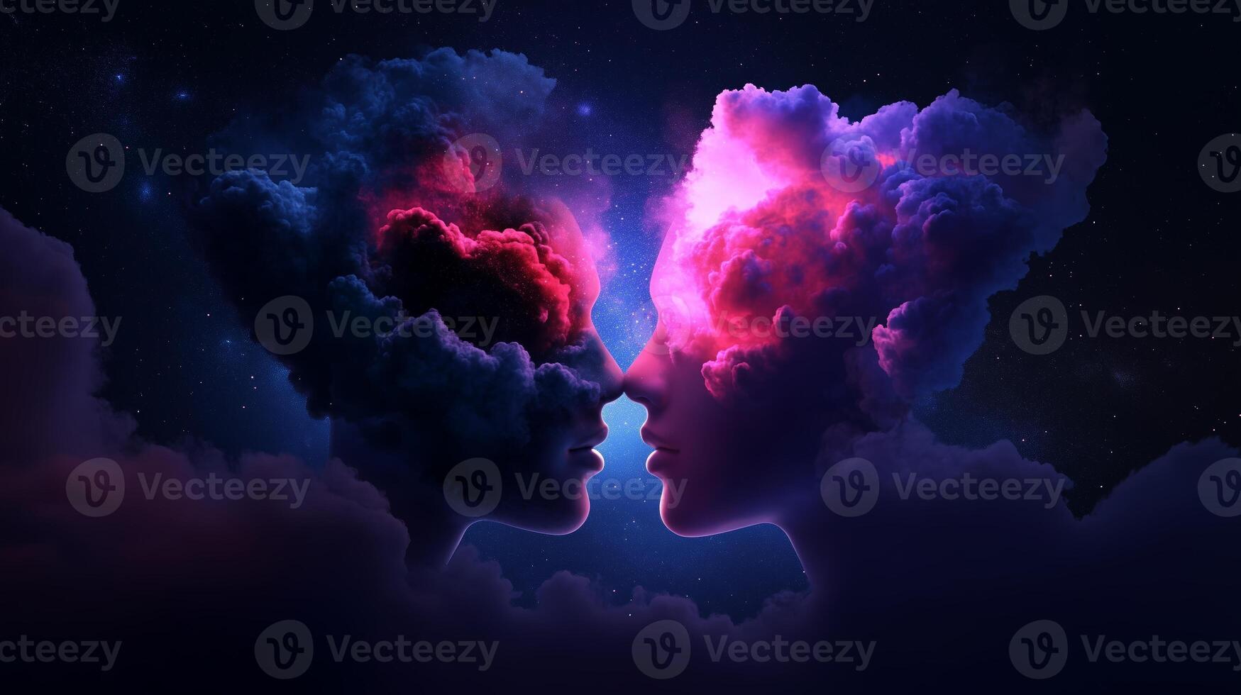 Cloud figures in a cosmic embrace under a starlit sky at night, showcasing a blend of colors and forms in a surreal atmosphere photo