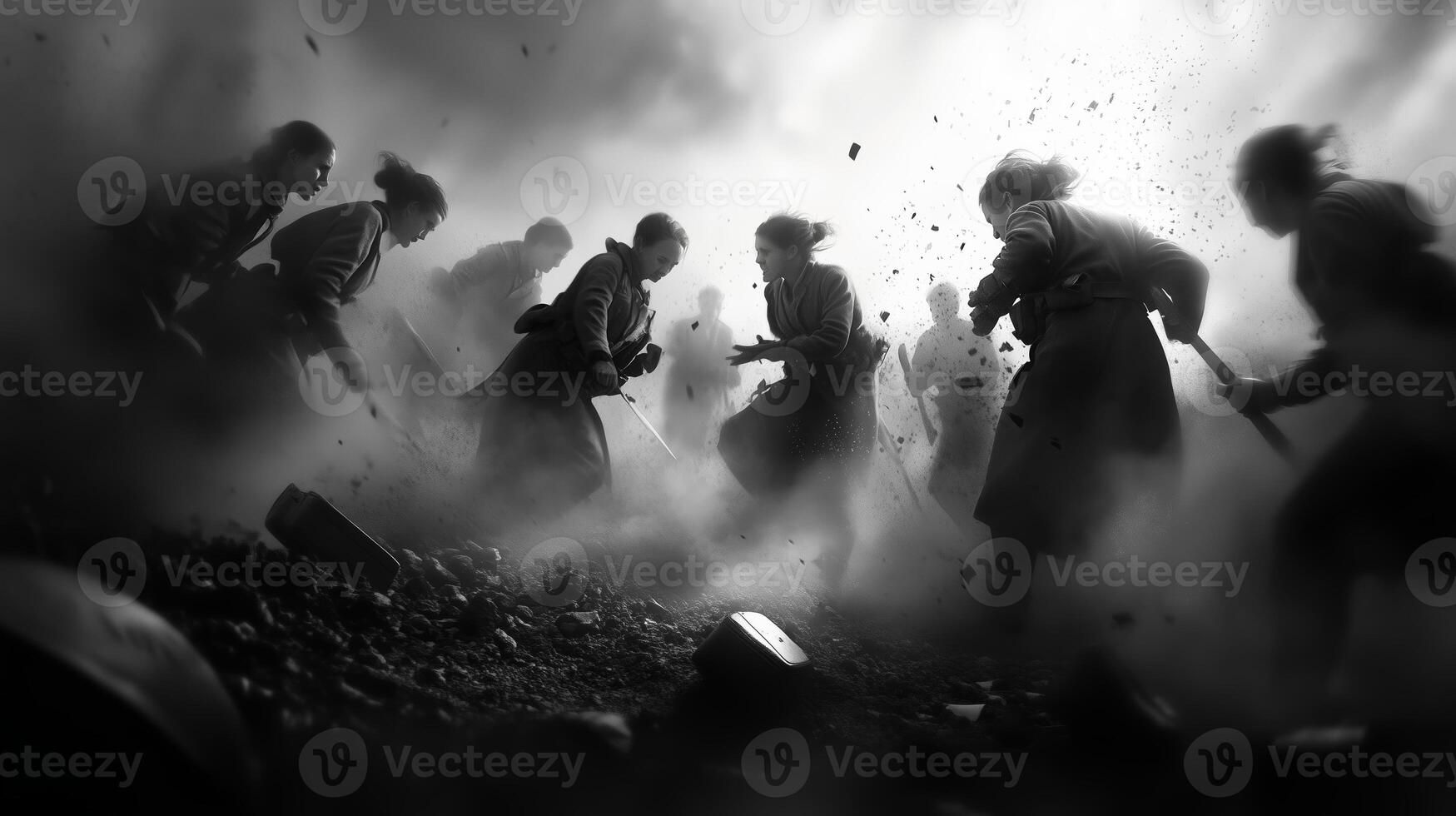 Historical battle scene depicting soldiers engaged in intense combat amidst smoke and chaos during the war photo