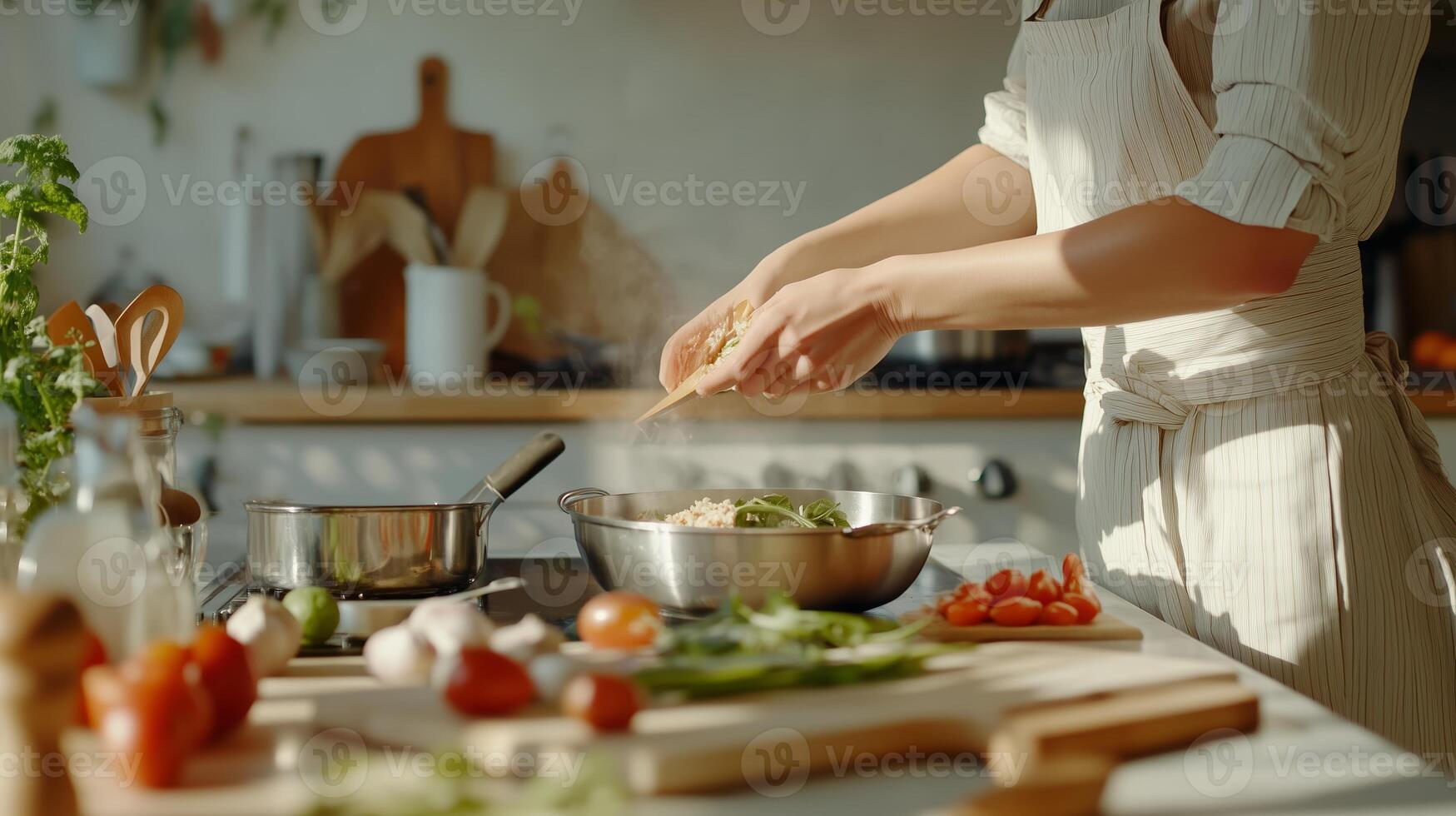 A person prepares a fresh pasta dish with vegetables in a cozy kitchen filled with natural light and herbs photo