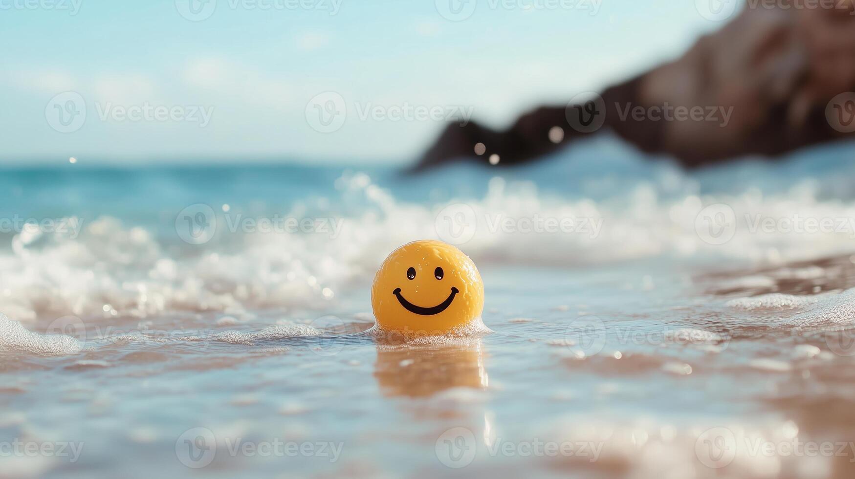 A cheerful yellow ball with a smiley face floating on gentle ocean waves at a sunny beach photo