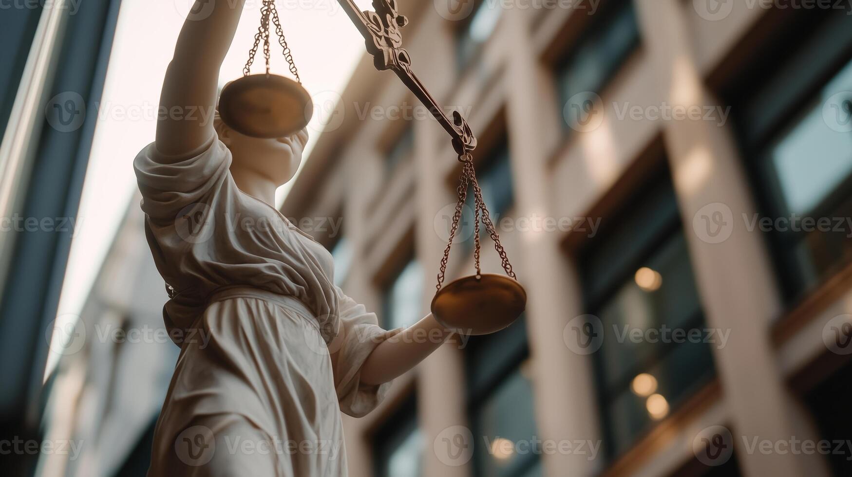 A close-up view of the Lady Justice statue holding scales outside a modern building on a sunny day photo