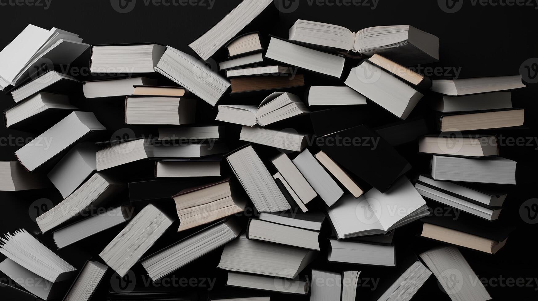 Stacks of various open and closed books scattered dramatically on a black surface highlighting the joy of reading and learning photo