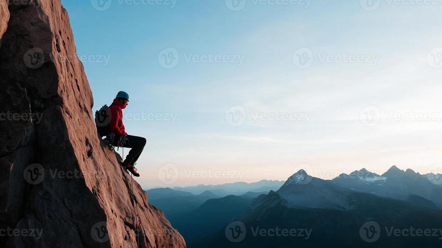 A climber takes a moment to rest on a rocky ledge while enjoying panoramic views of mountains and valleys at sunset photo