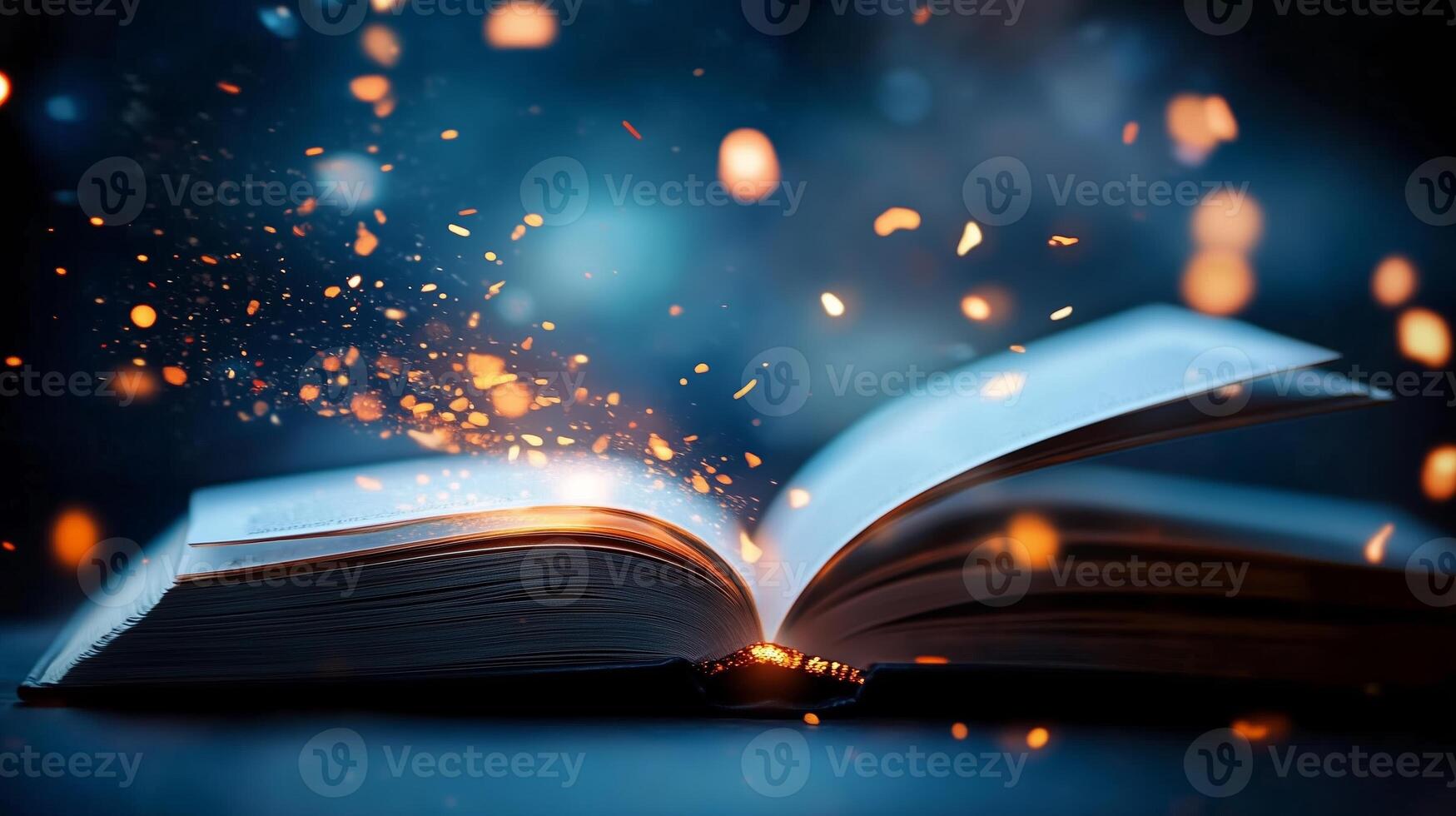 An open book surrounded by glowing sparks in a dimly lit room creating a magical atmosphere at night photo