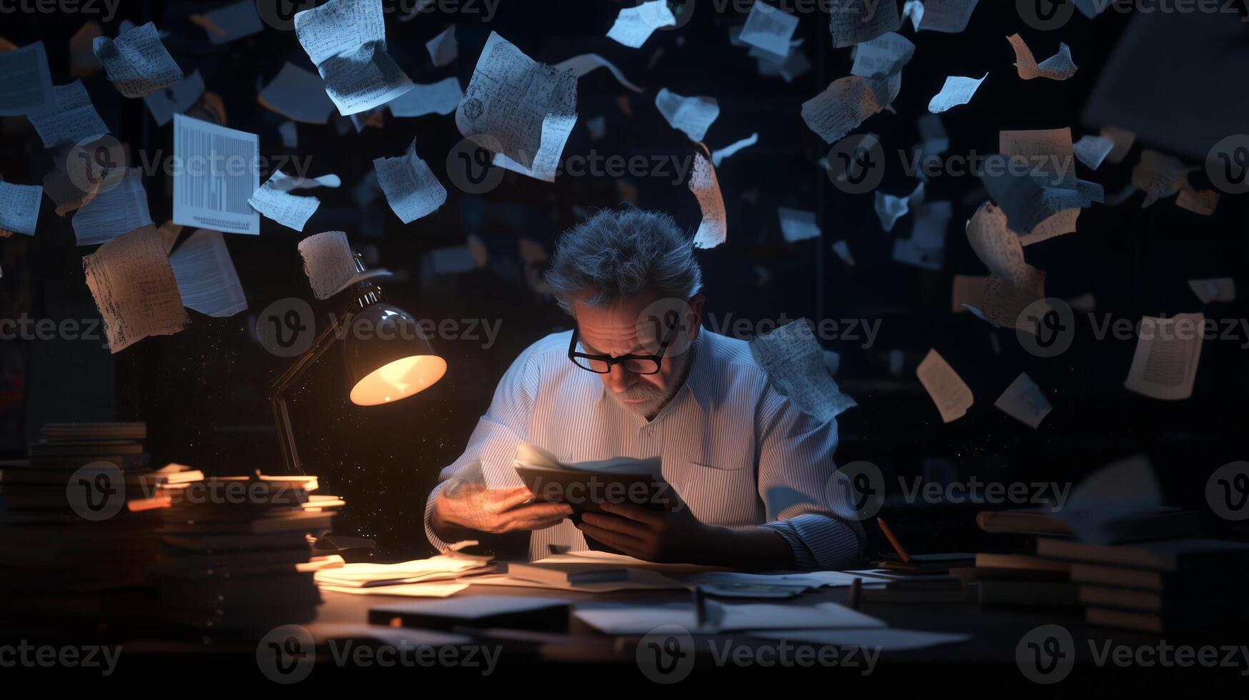 A focused scholar examines documents while papers swirl dramatically around in a dimly lit study filled with books photo