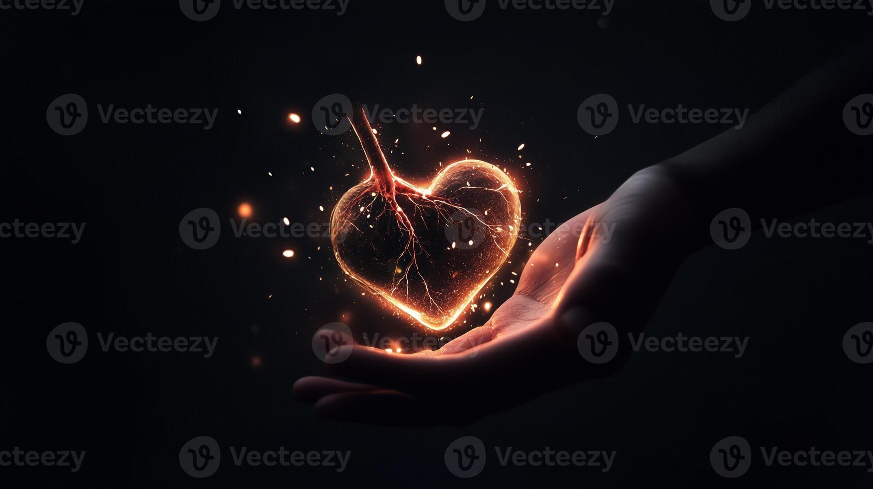 A glowing heart of light held in a hand, symbolizing love and passion in a dark, mystical setting photo