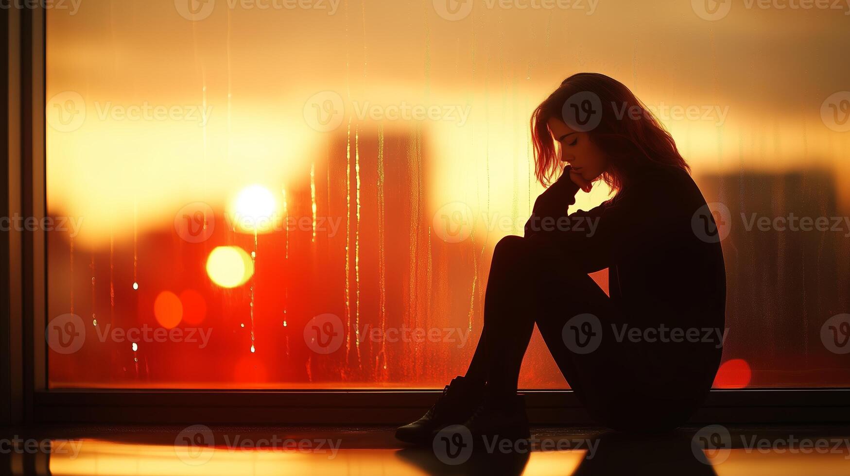 A woman sits thoughtfully by a large window overlooking a sunset in a modern city, reflecting on life during a quiet evening photo