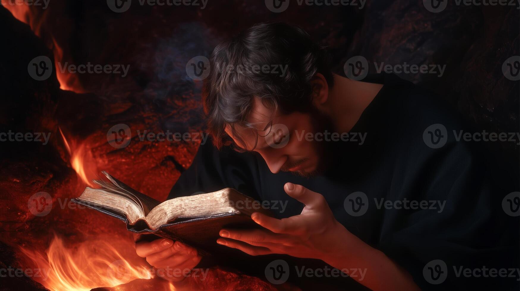A man studying an ancient book while surrounded by flickering flames in a dark cave during twilight hours photo
