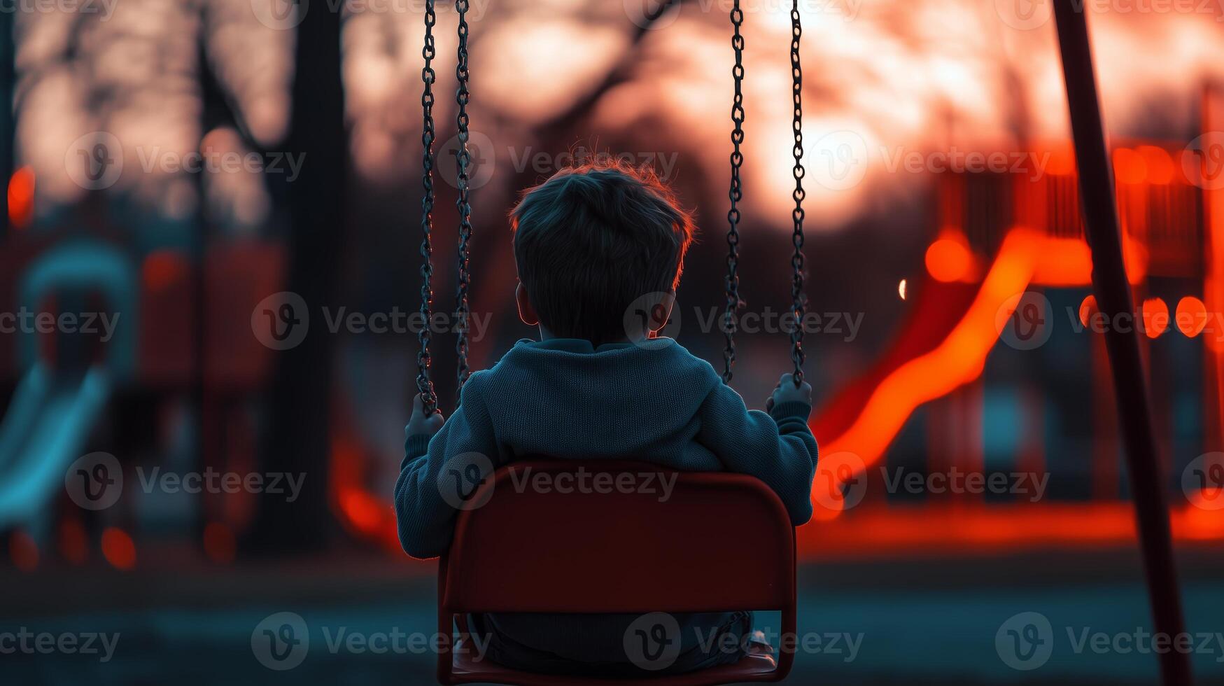 A child swings alone at sunset while illuminated playground structures create a warm, inviting atmosphere photo