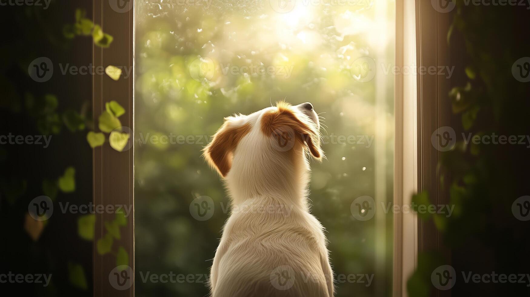 A dog gazing out a window, enjoying the serene nature view illuminated by soft sunlight during a tranquil morning photo