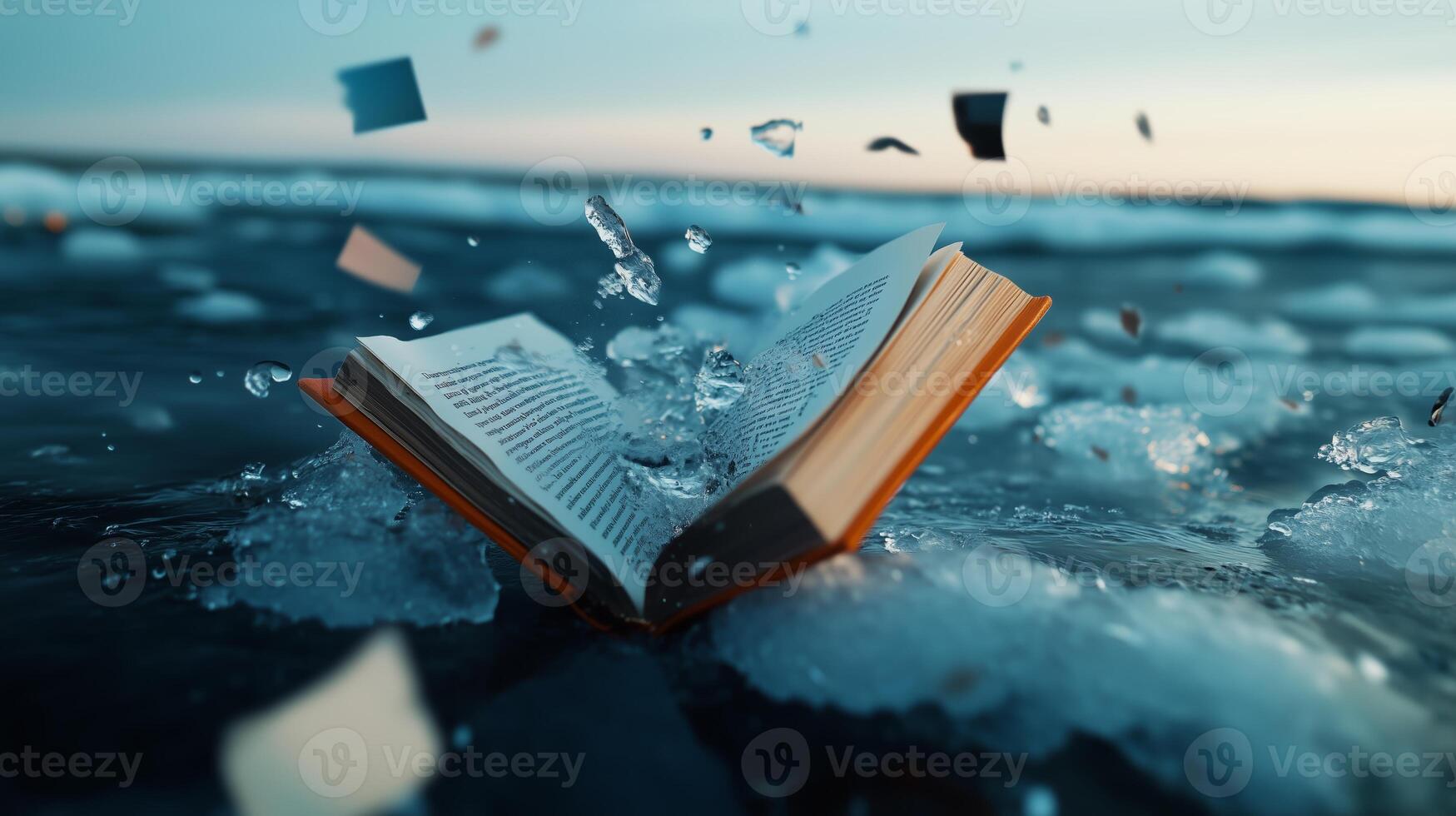 An open book floats on calm waters, surrounded by ice chunks as pages flutter in the gentle breeze during twilight hours photo