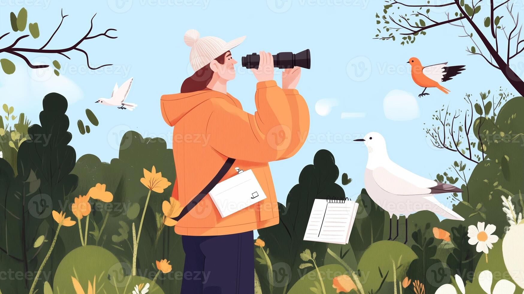 A birdwatcher observing nature while taking notes in a colorful park filled with blooming flowers and various birds on a sunny day photo