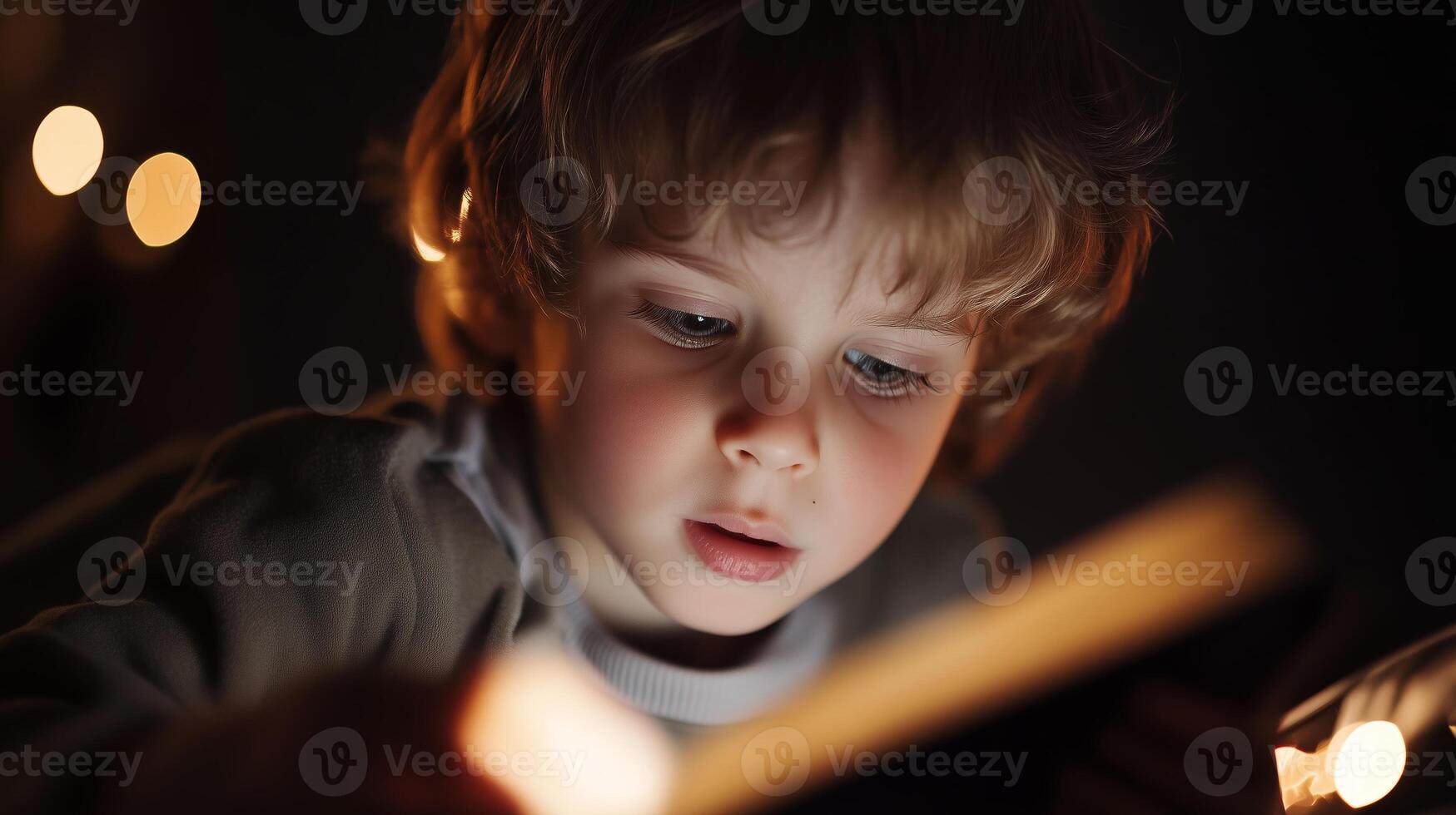 Young child engaged in reading with warm lights in a cozy atmosphere during evening hours at home photo