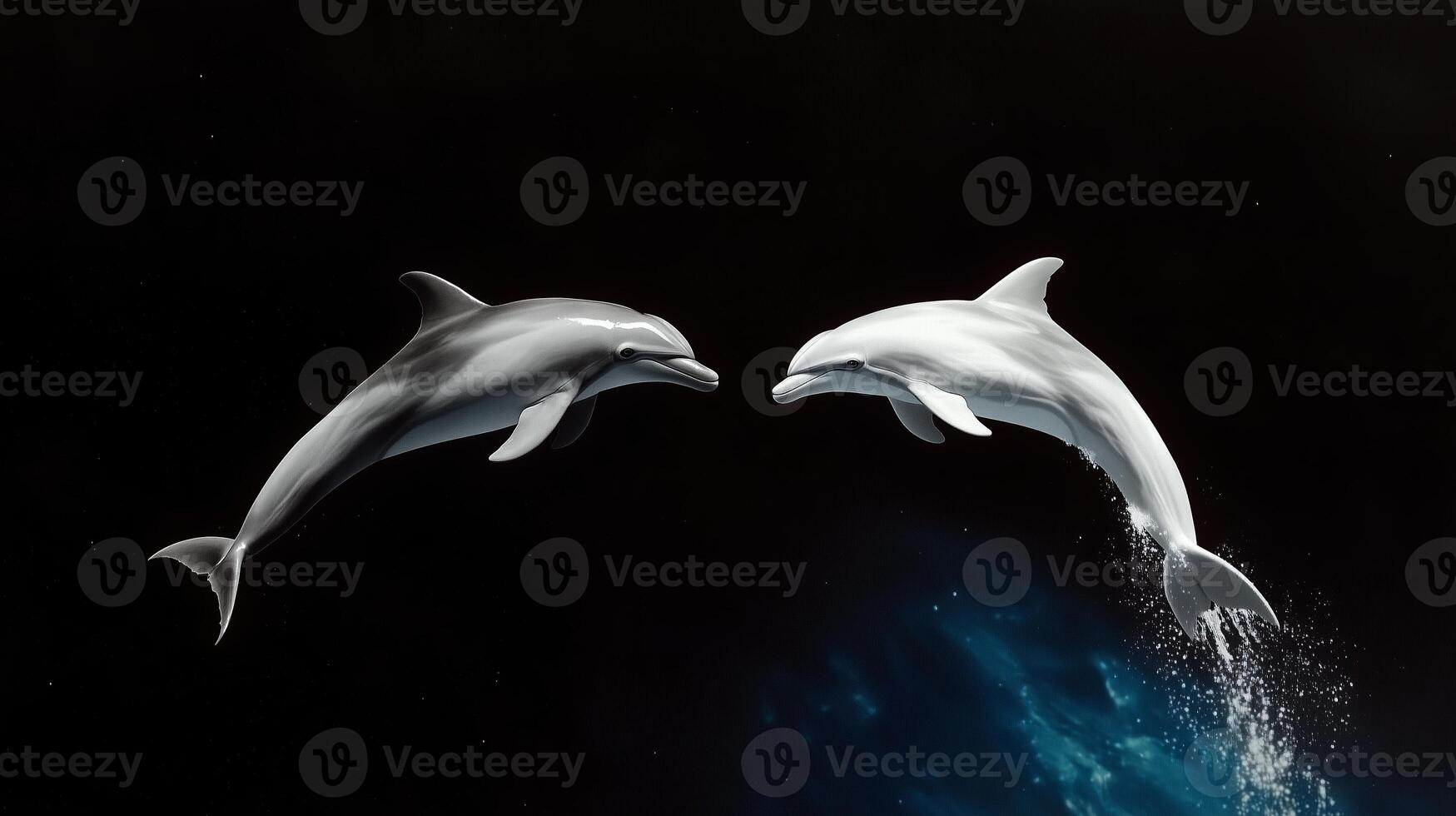Two dolphins gracefully interacting underwater in a serene ocean environment during daylight hours photo
