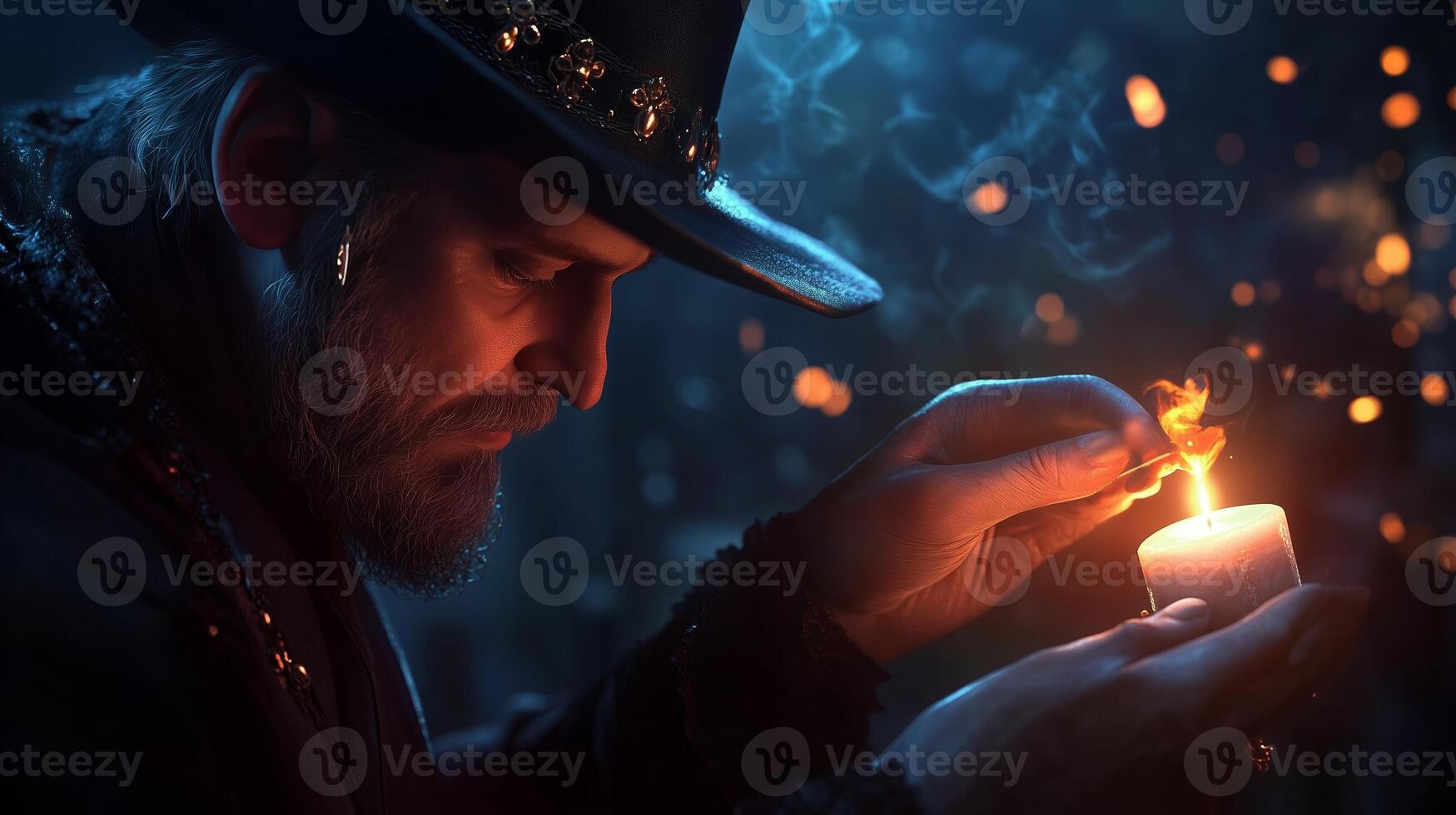 A mysterious figure lighting a candle in a dimly lit room filled with soft smoke and an eerie atmosphere at night photo