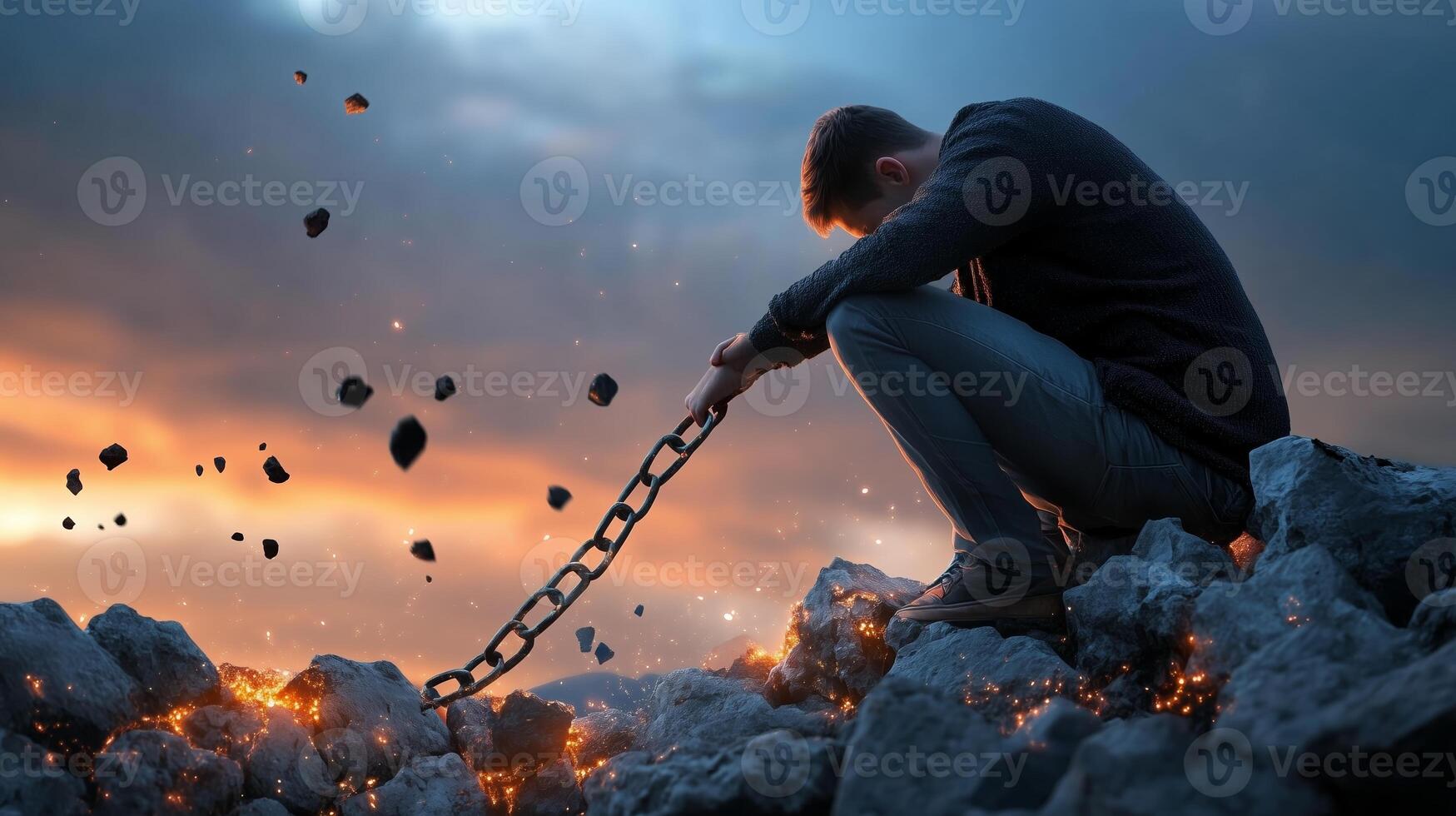 A person breaking free from chains at sunset surrounded by rocky terrain and glowing embers photo