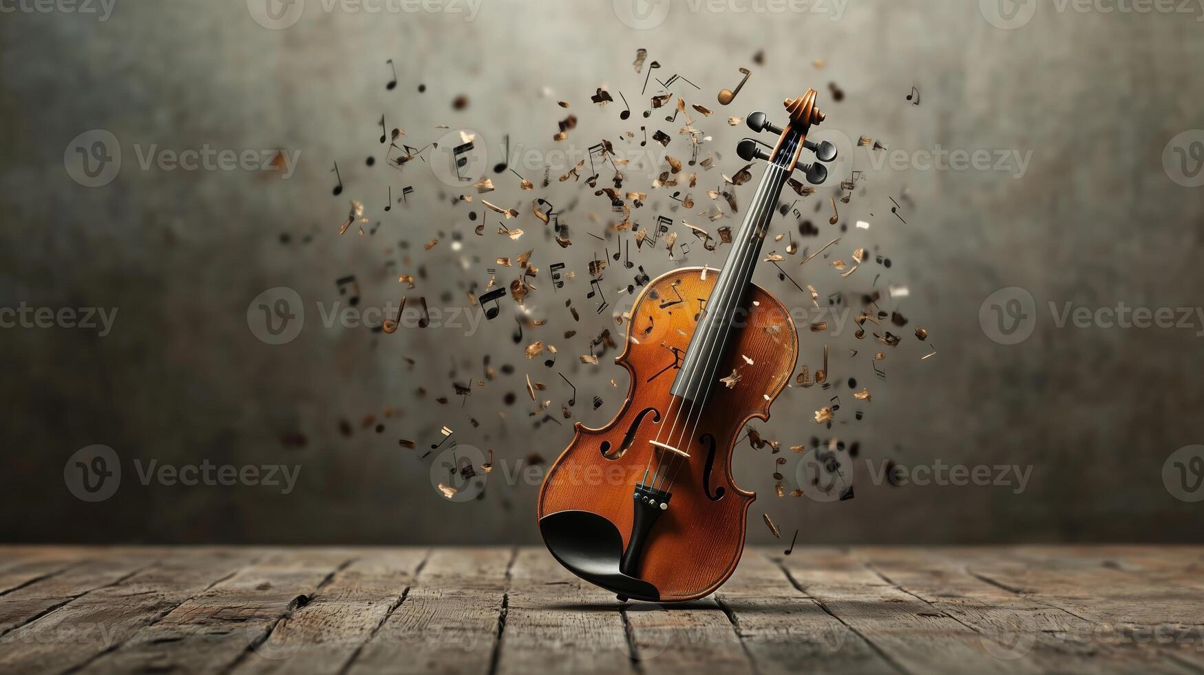 A violin surrounded by floating musical notes in a textured indoor setting, conveying the essence of music and creativity photo