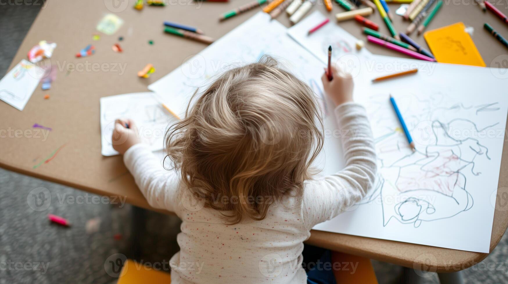 A child engages in creative drawing with crayons and markers at a cluttered art table filled with colorful supplies in a cozy indoor space photo