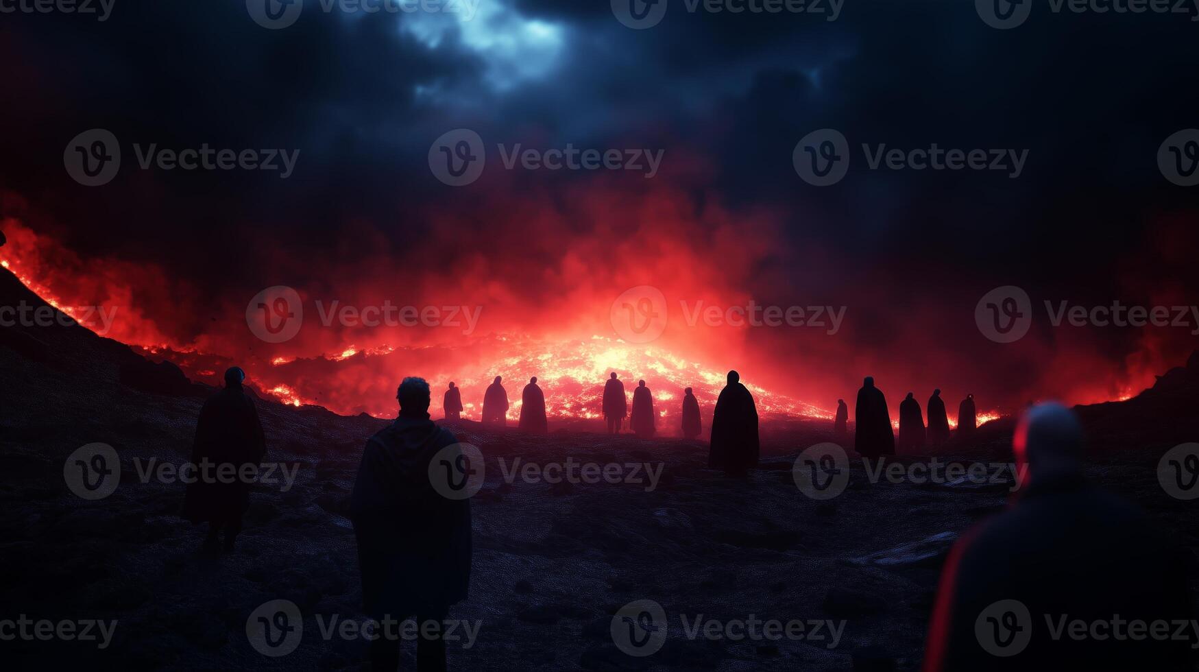Dark silhouettes of figures walk towards a fiery glow on a volcanic landscape under a turbulent sky at dusk photo
