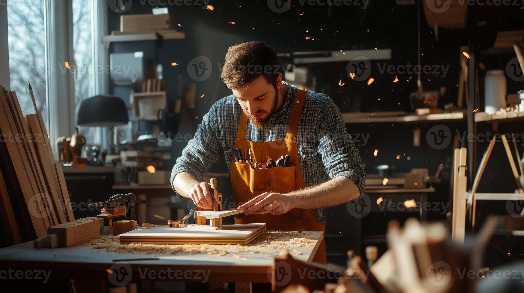 Craftsman working diligently in a woodworking shop surrounded by tools and wood shavings in the warm afternoon light photo
