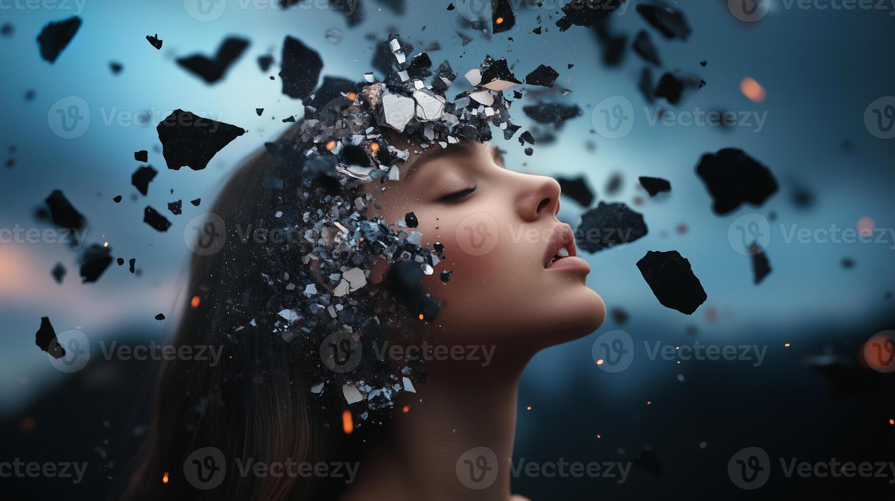 A woman with a serene expression appears to have her head surrounded by swirling fragments against a moody twilight background photo