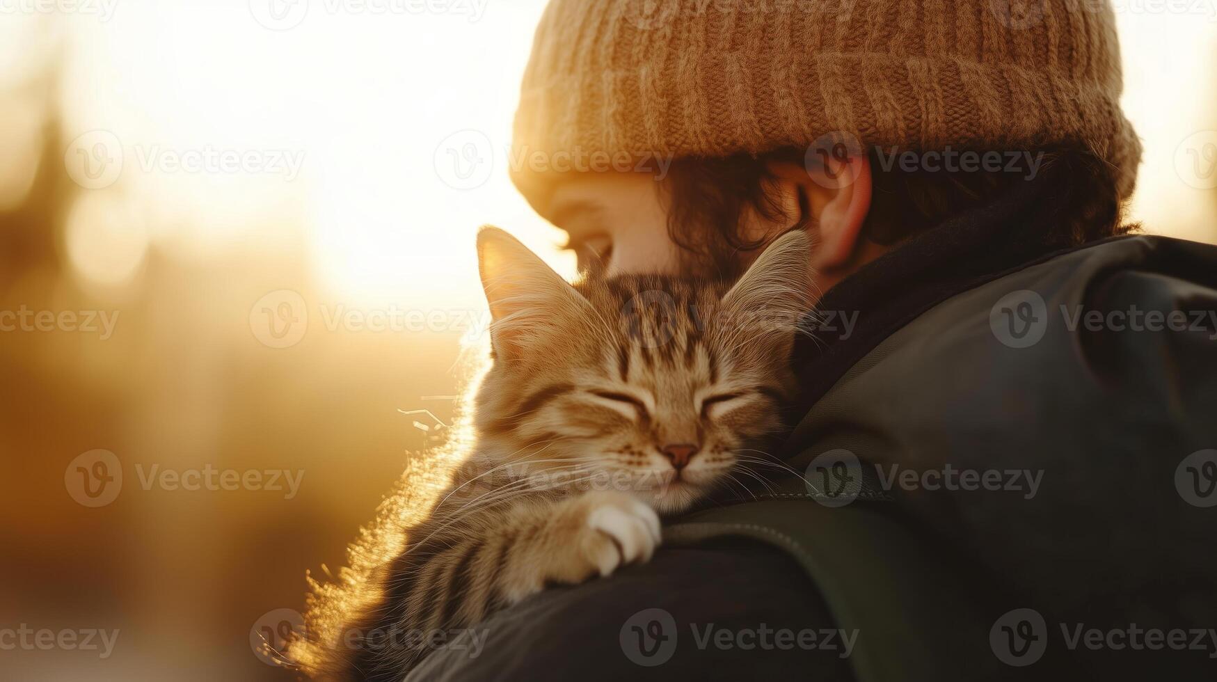 A person enjoying a warm sunset while holding a cat close on a cool evening in a peaceful outdoor setting photo