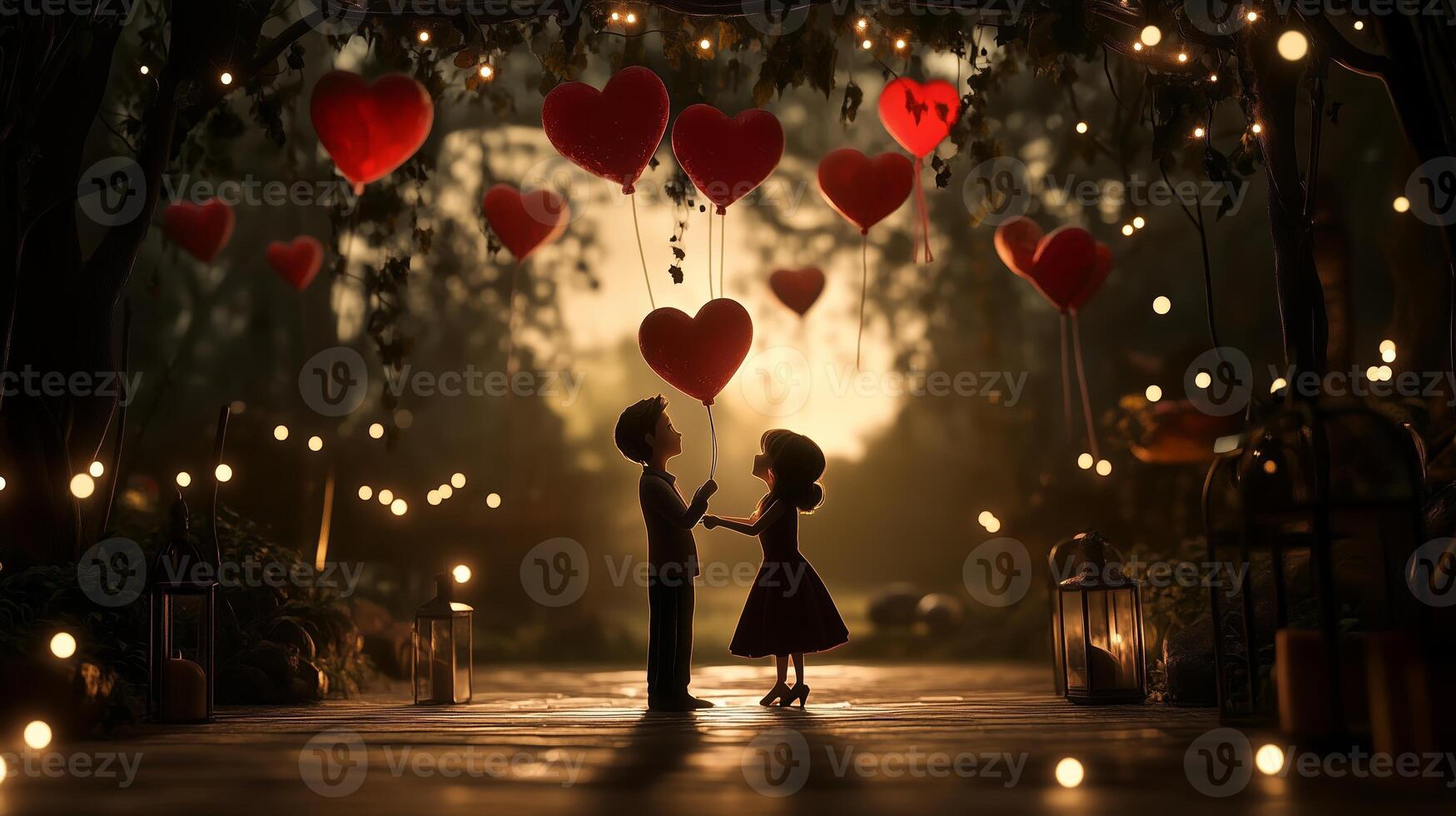 A couple stands hand in hand beneath glowing hearts in a romantic garden at sunset, creating a magical atmosphere of love and affection photo