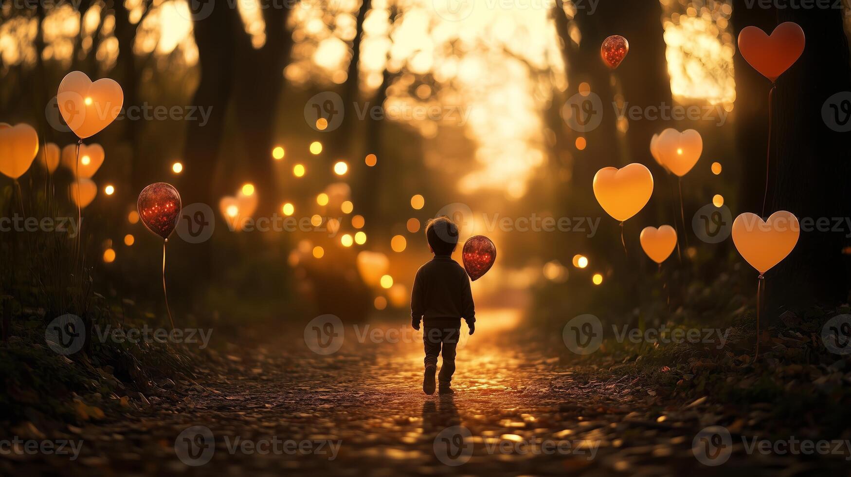 A child walks along a path surrounded by glowing heart-shaped balloons in a serene forest at dusk photo