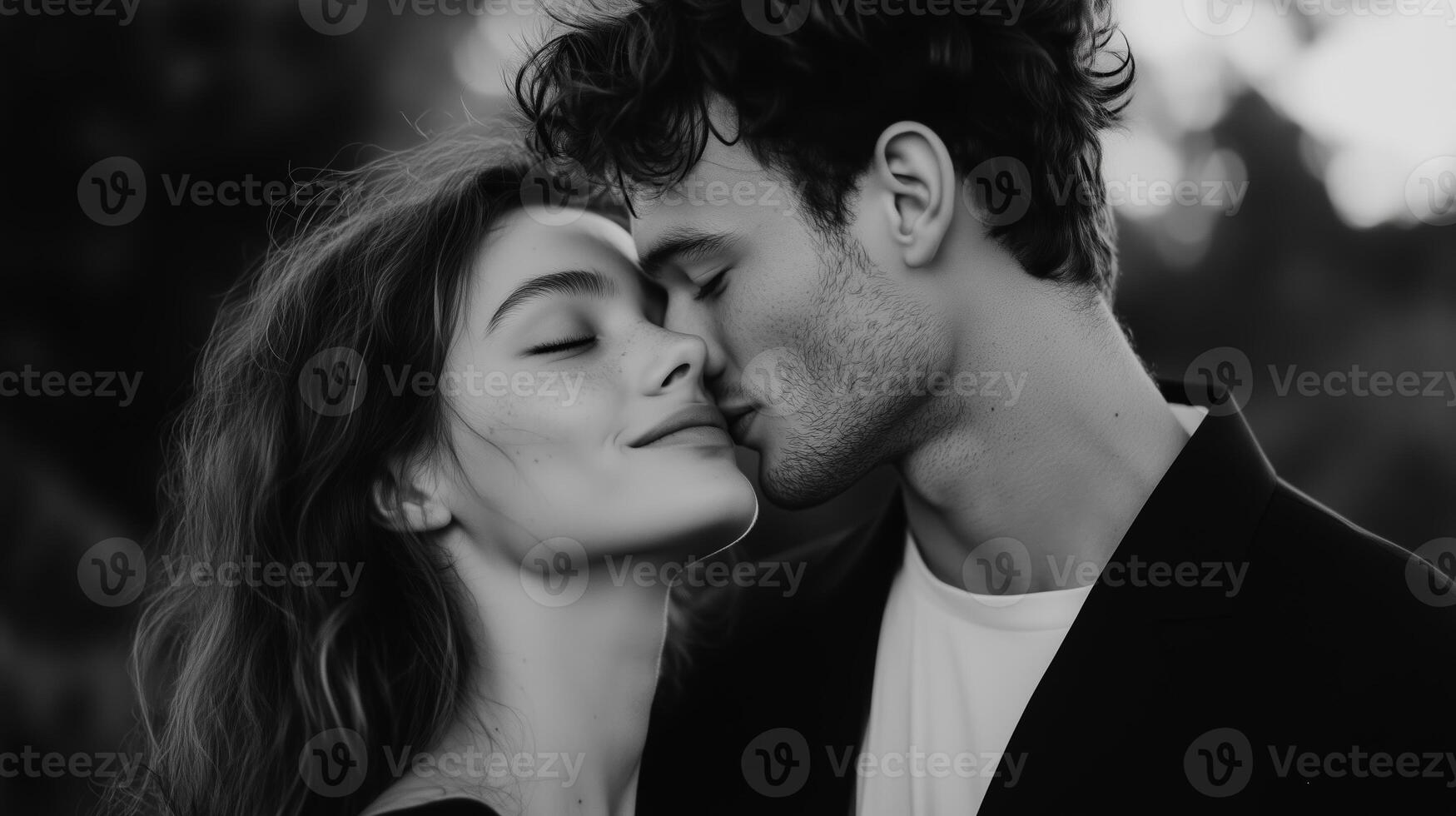 A couple sharing a tender kiss during sunset in a serene outdoor setting, capturing a moment of joy and connection photo