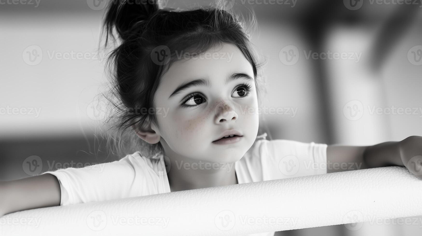 A young child gazes thoughtfully while playing on a gym apparatus during a bright afternoon in a recreational center photo