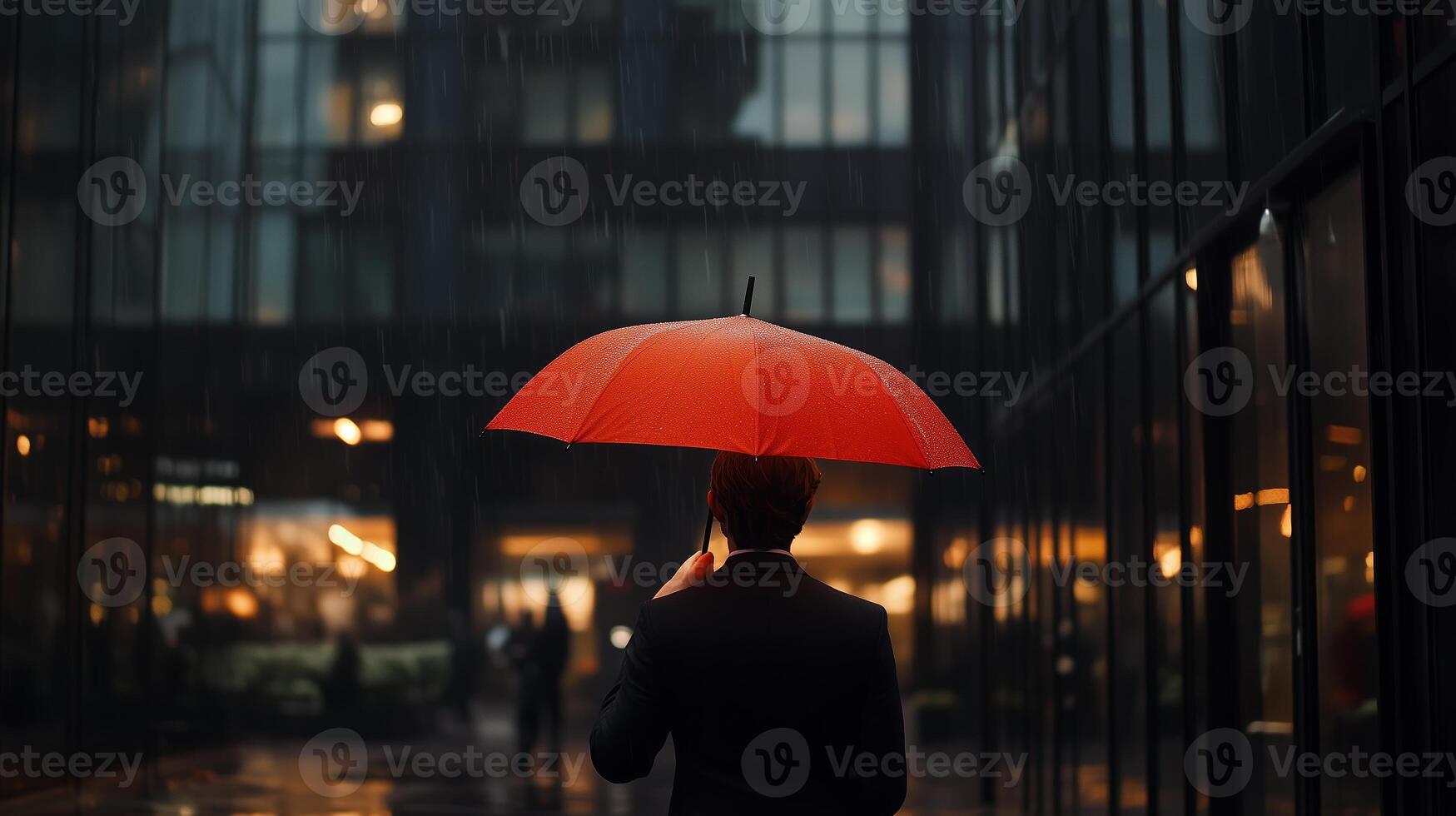 A man with a red umbrella walks in the rain near modern buildings at dusk in a bustling urban environment photo
