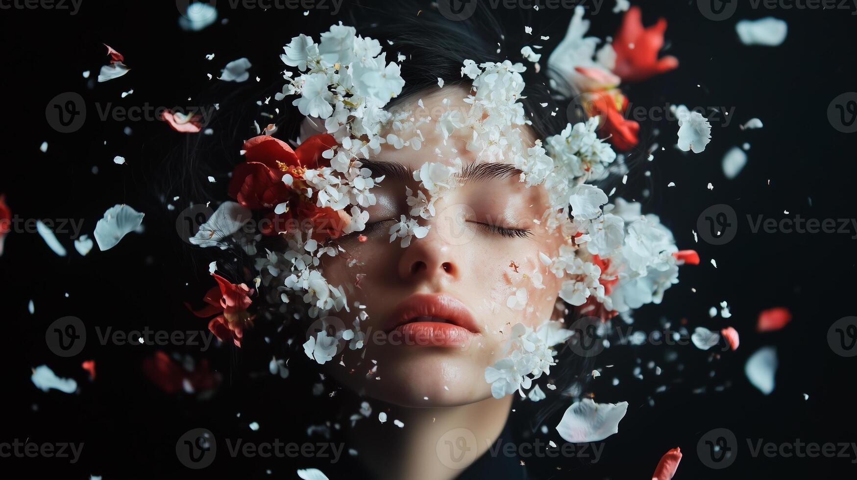 A serene woman surrounded by flying flower petals in a dark setting during a creative artistic expression photo