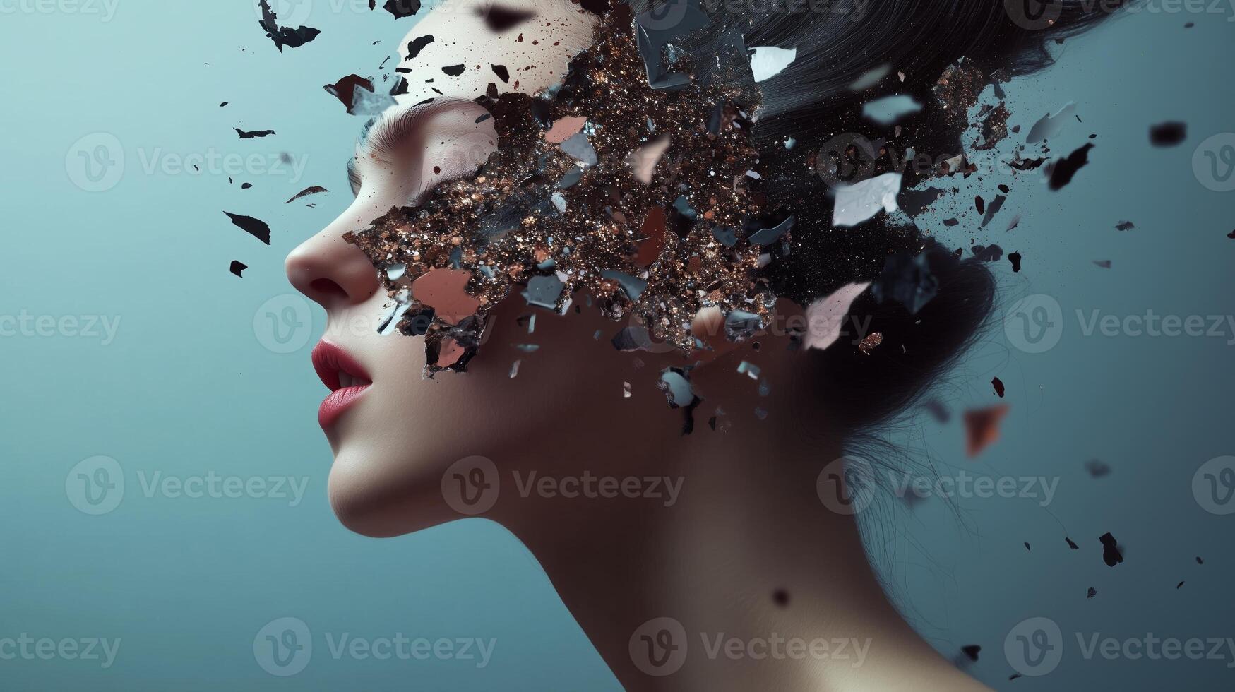 A surreal portrait of a woman with a fragmented face in an artistic exploration of identity and perception photo