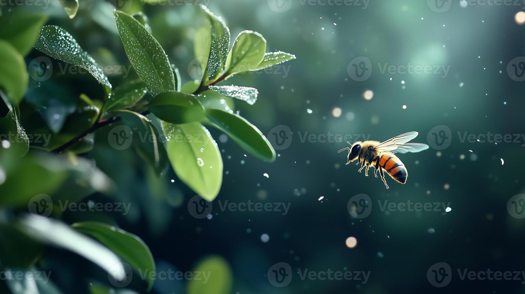 A bee hovering near fresh green leaves in a misty garden during bright morning light photo