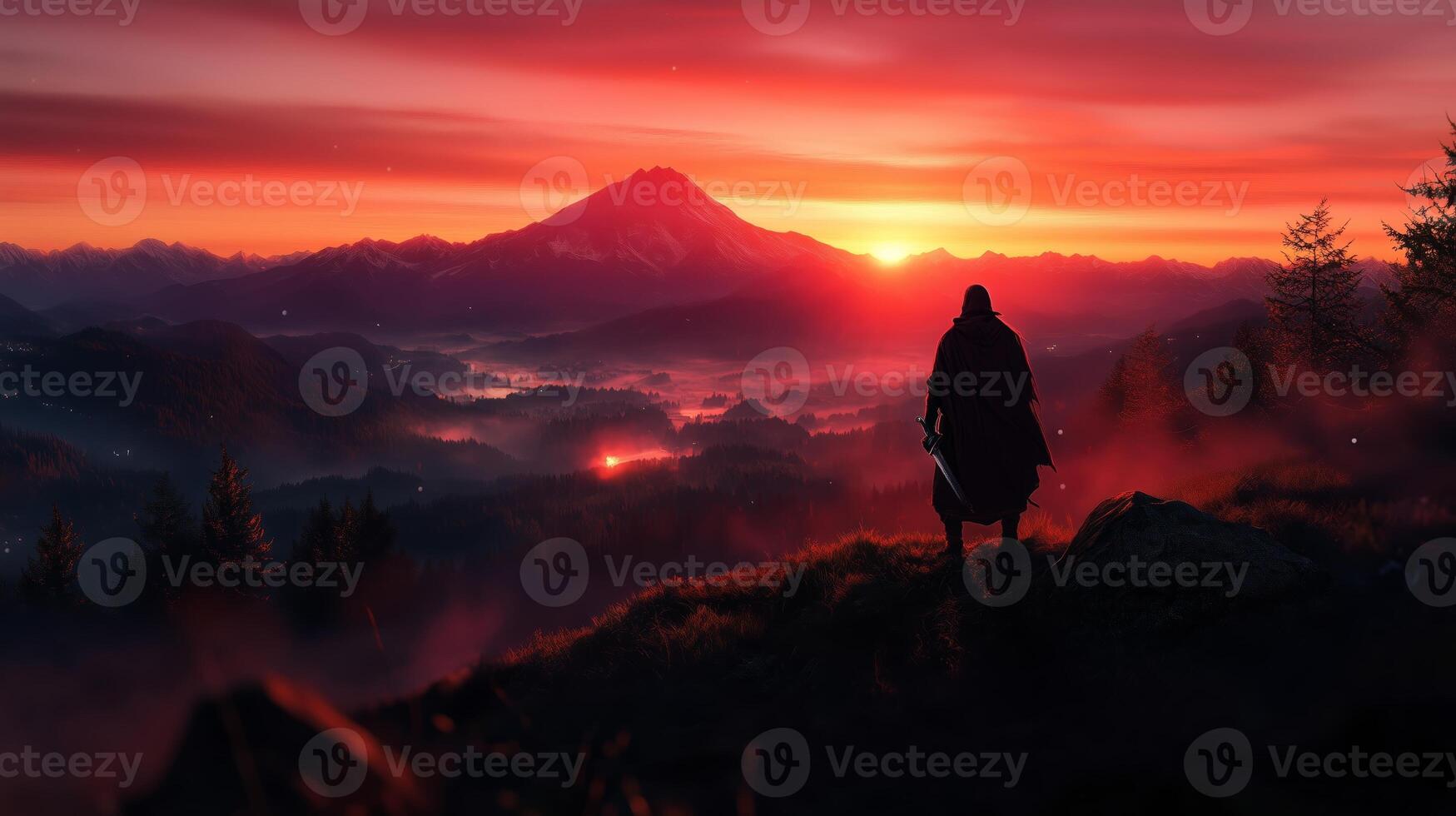 A lone figure stands on a mountain peak at sunset, overlooking a breathtaking landscape with vibrant skies and distant peaks photo