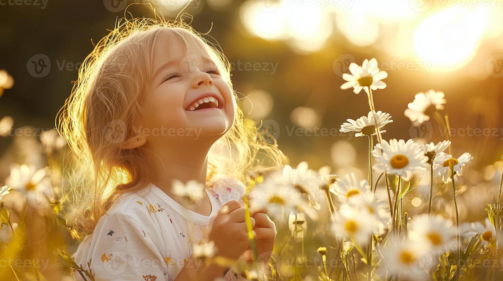 A joyful child laughing among blooming daisies on a sunny day in a vibrant flower field during golden hour photo